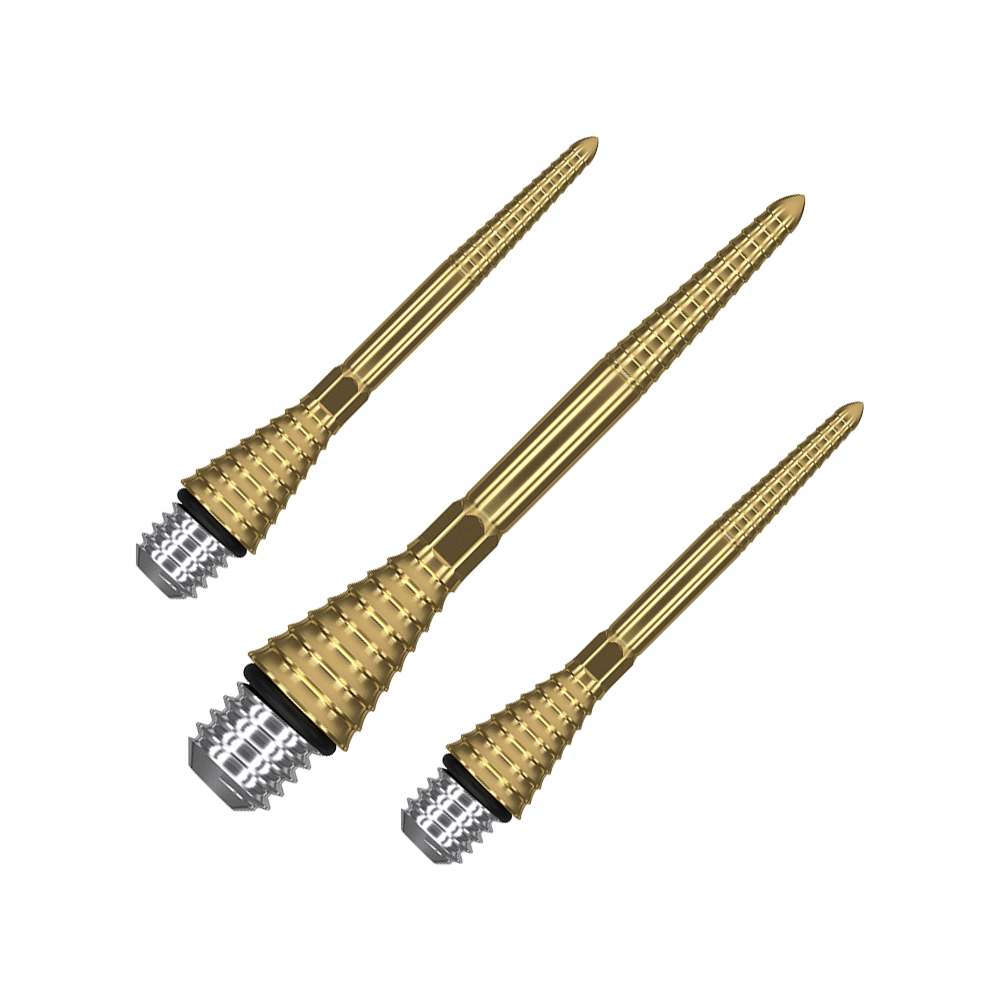380179_Target_Titanium_Swiss_Point_Grooved_Conversion_Points_Gold_30mm_1 Das Bild zeigt drei goldfarbene, geriffelte Spitzen mit silbernem Schraubgewinde. Sie sind Titan-Umrüstspitzen für Dartpfeile.
