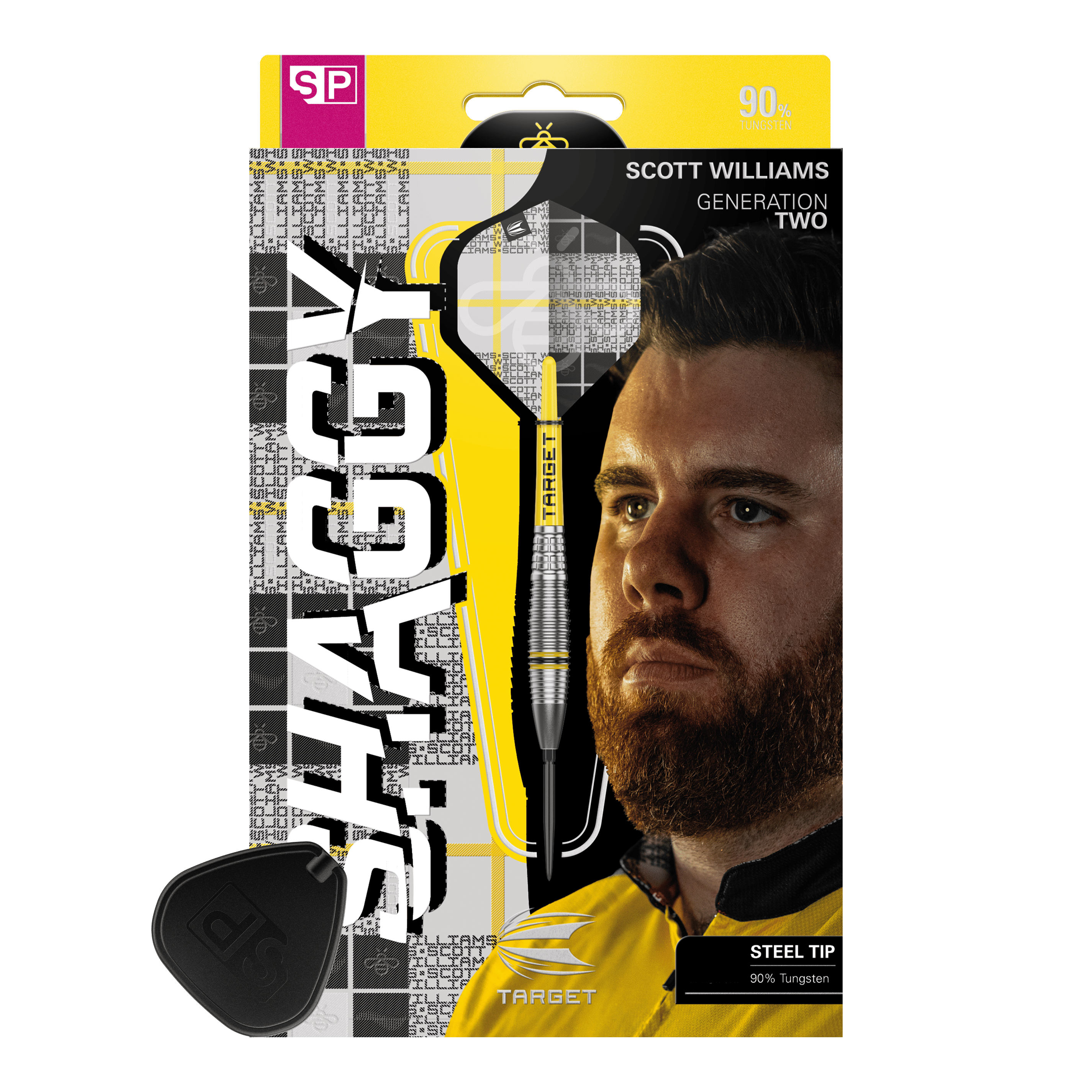 Das Bild zeigt die Verpackung der Target Scott Williams GEN2 Swiss Point Steeldarts. Auf der Verpackung ist ein Porträt von Scott Williams und ein einzelner Dart mit Stahlspitze abgebildet.