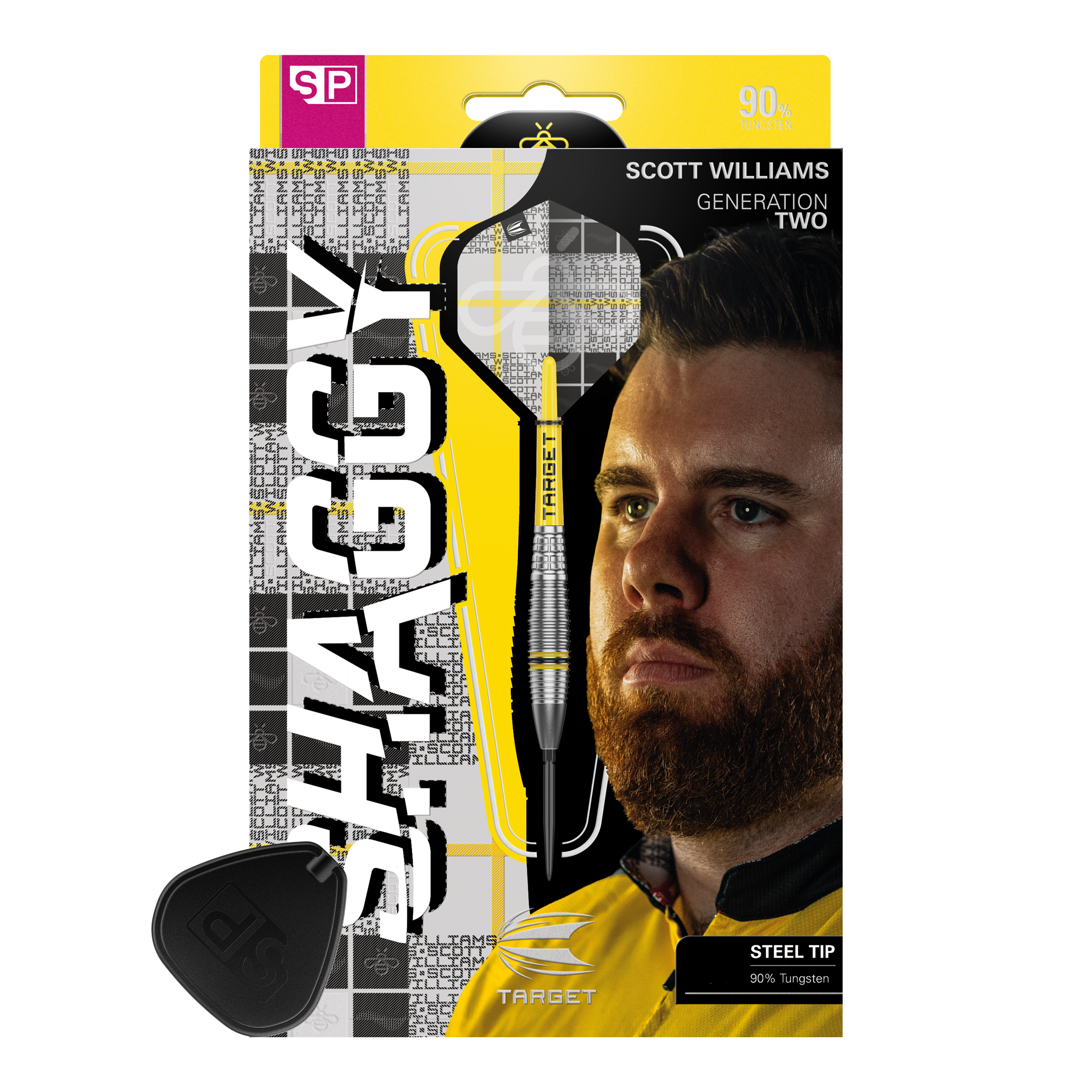 Target Scott Williams GEN2 Swiss Point steel darts Das Bild zeigt die Verpackung der Target Scott Williams GEN2 Swiss Point Steeldarts. Auf der Verpackung ist ein Porträt von Scott Williams und ein einzelner Dart mit Stahlspitze abgebildet.