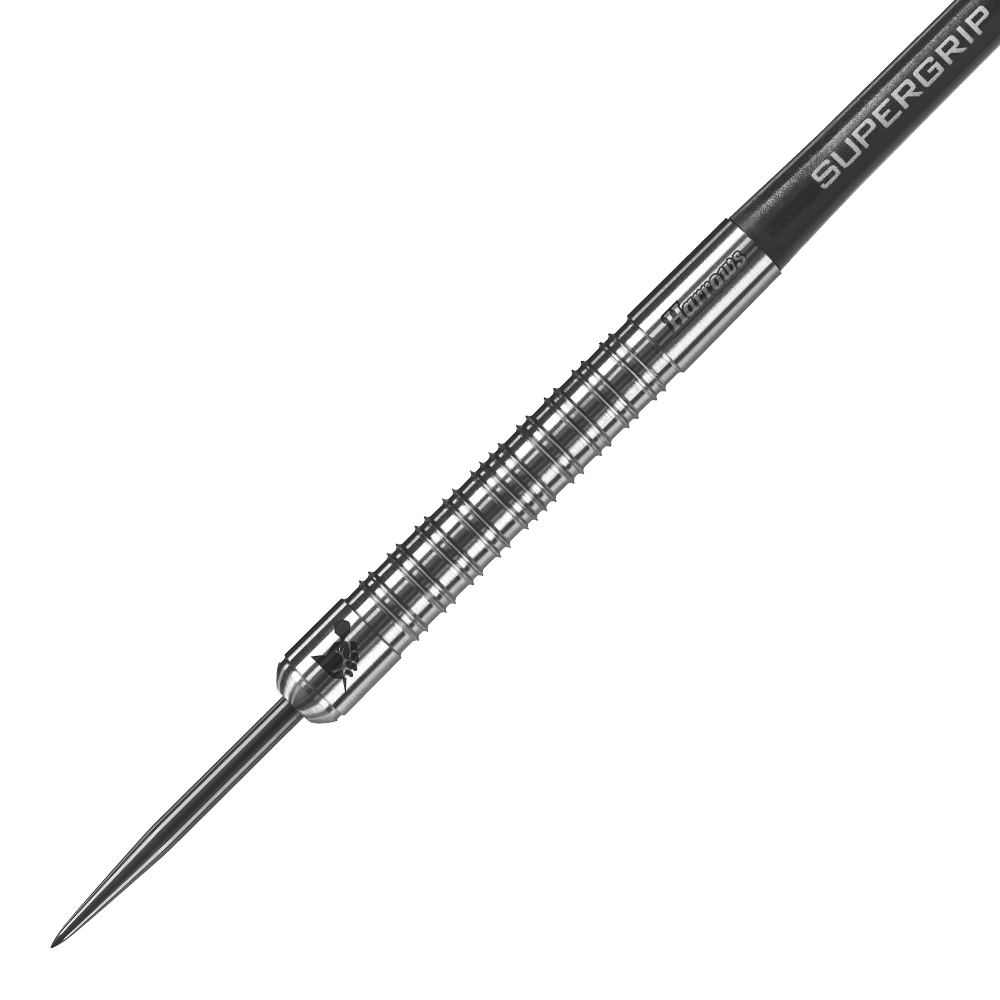 HA11650-Harrows-Supergrip-90-Tungsten-Steeldarts-2 Das Bild zeigt einen Harrows Supergrip 90% Tungsten Steeldart. Der Dartpfeil hat ein silbernes, geriffeltes Metallgehäuse und einen schwarzen Schaft mit der Aufschrift "SUPERGRIP".