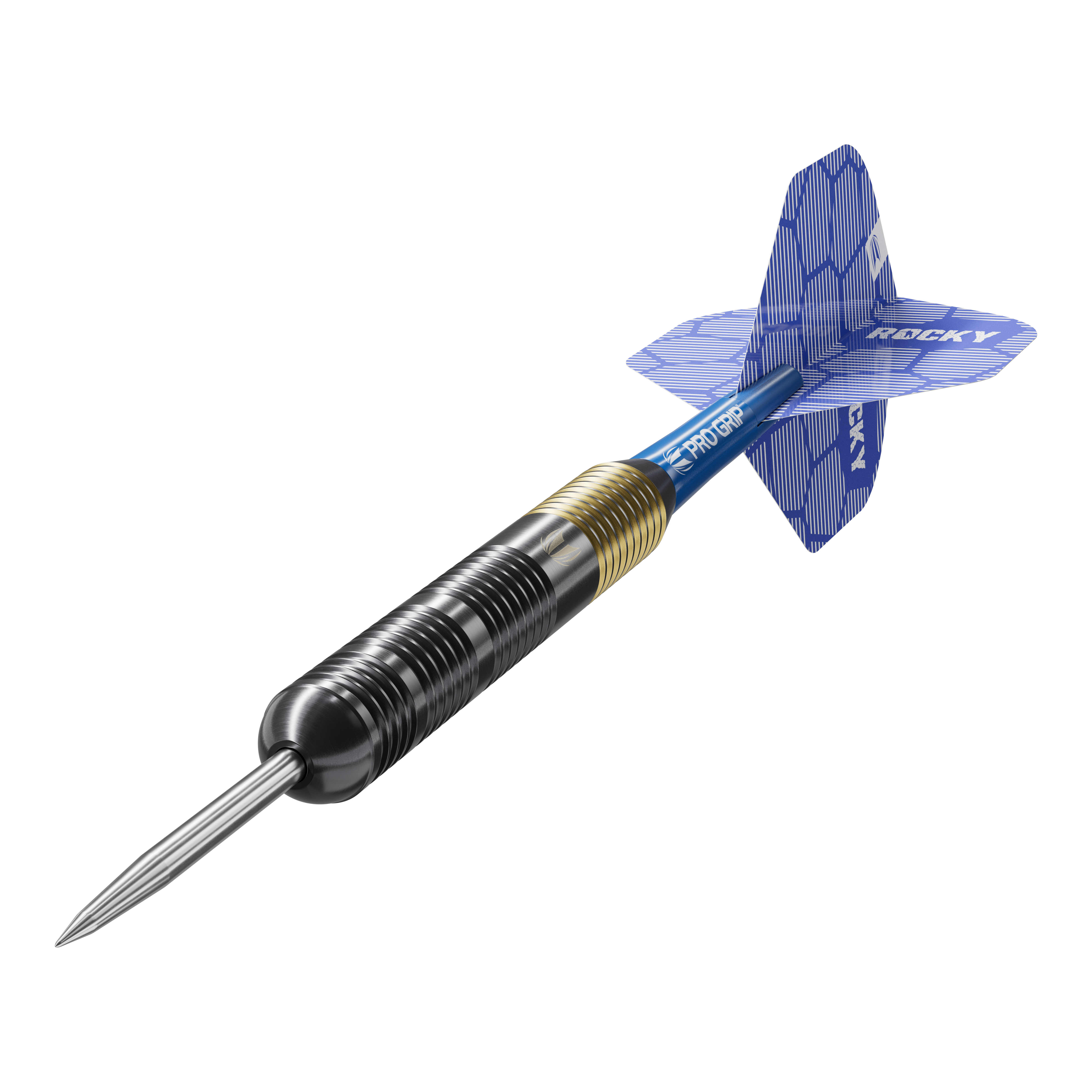 Target Josh Rock Brass Steel Darts - 22g Das Bild zeigt einen Target Josh Rock Brass Steeldart mit einem Gewicht von 22g. Der Dart hat eine messingfarbene und schwarze Spitze sowie blaue Flights mit der Aufschrift "ROCKY".