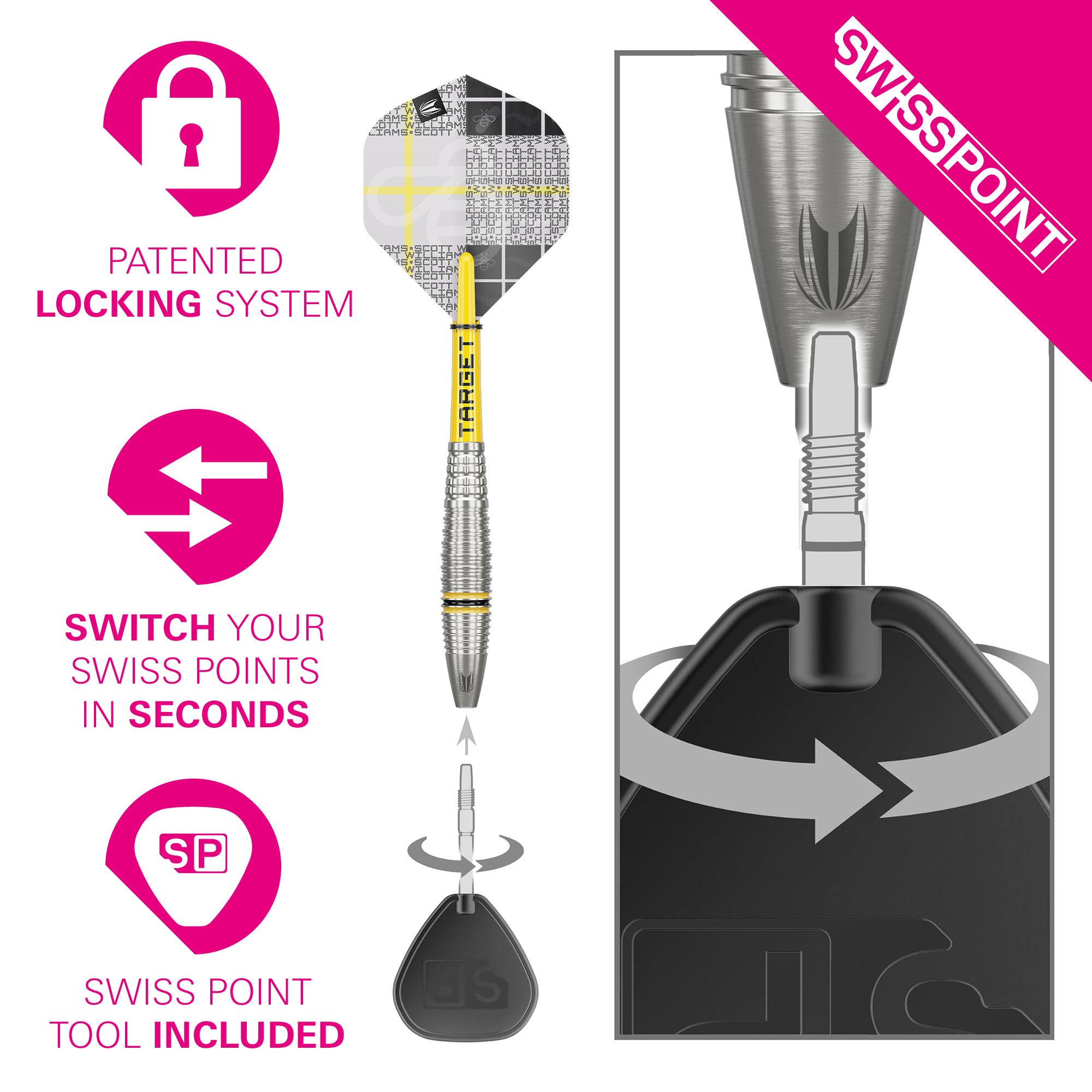 Target Scott Williams GEN2 Swiss Point steel darts Das Bild zeigt die Target Scott Williams GEN2 Swiss Point Steeldarts mit einem speziellen Wechselsystem. Die Punkte lassen sich dank des patentierten Verschlusssystems einfach und schnell austauschen, ein Werkzeug ist enthalten.