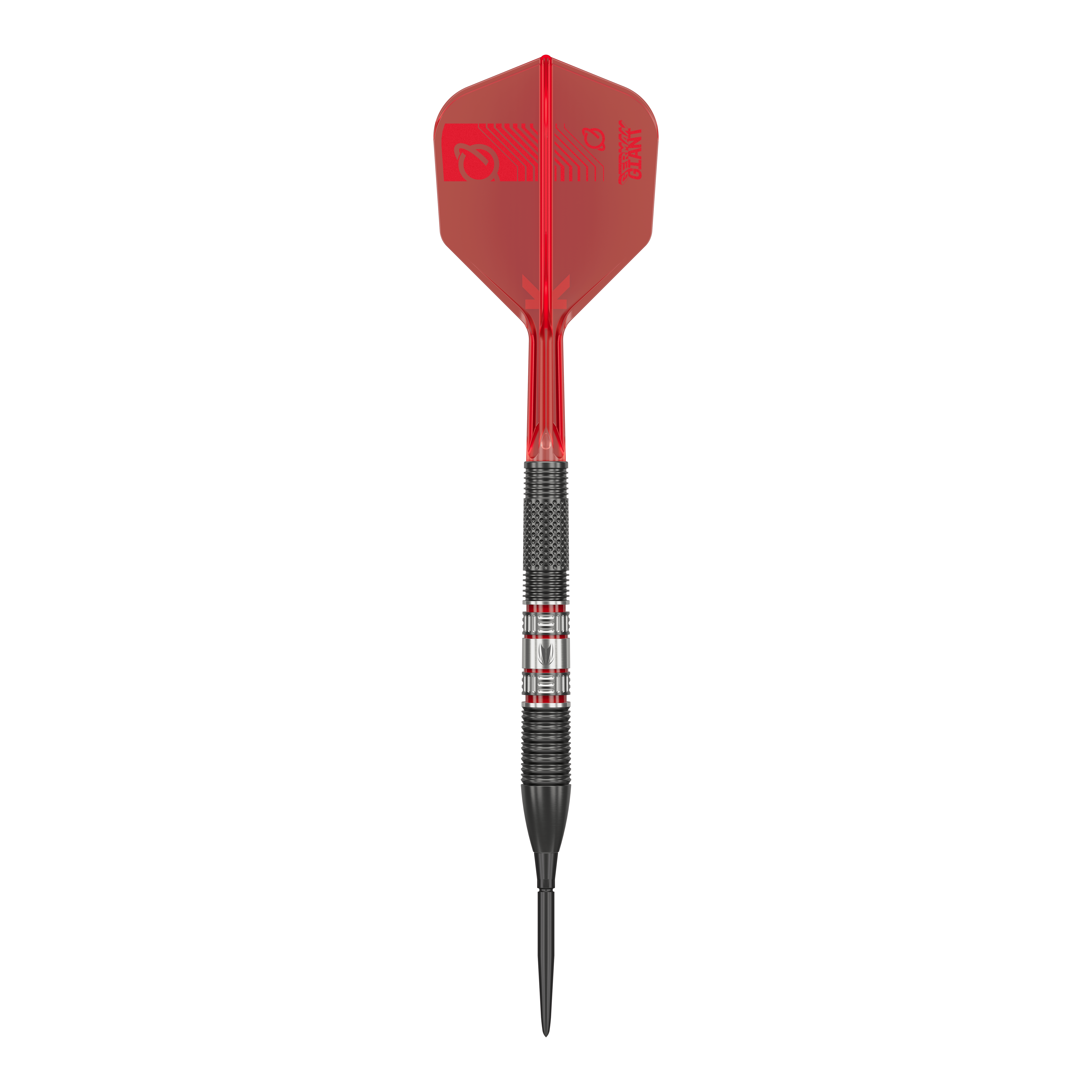 Target Gabriel Clemens 95K Swiss Point Steel Darts Das Bild zeigt einen Target Gabriel Clemens 95K Swiss Point Steeldart. Der Dart hat eine schwarze Spitze, einen schwarz-silbernen Schaft und auffällige rote Flights.