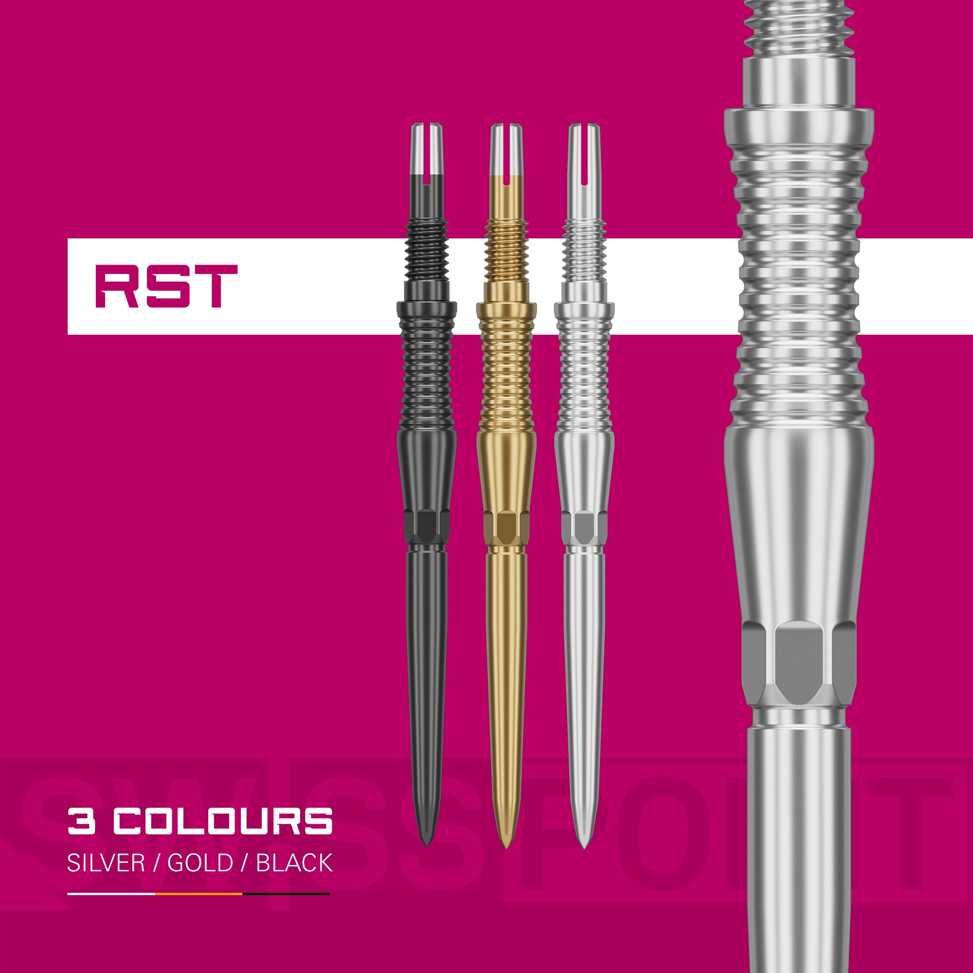 Dieses Foto stellt die Target Swiss Point Dartspitzen Signature RST - Gold dar. Die Spitzen bieten ein elegantes Design für professionelle Darts.