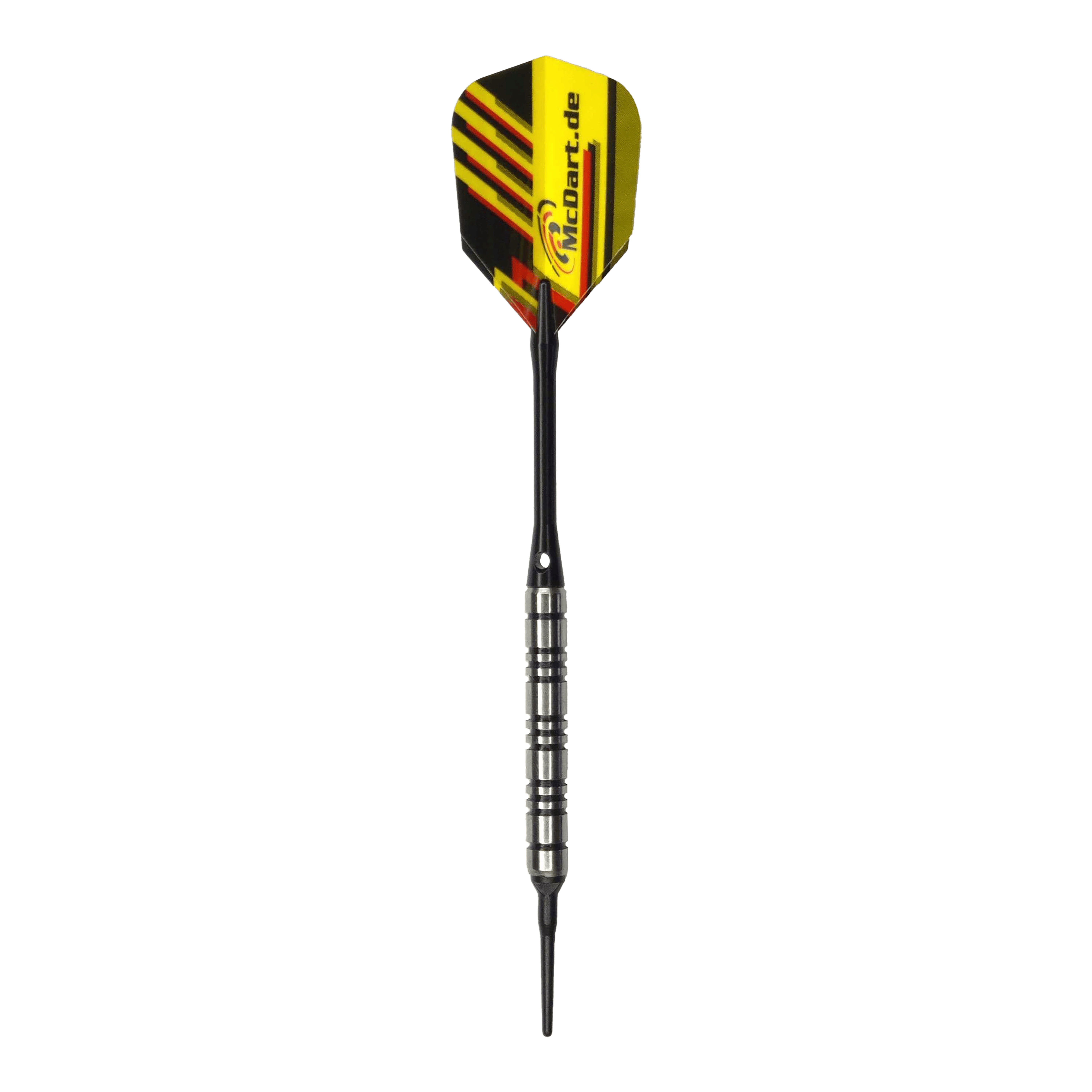 McDart 85 Tungsten V2 soft darts - 17g Das Bild zeigt einen McDart 85er Tungsten V2 Softdart mit einem Gewicht von 17 Gramm. Er hat einen silbernen Barrel und ein gelb-schwarzes Flight mit McDart.de-Aufdruck.