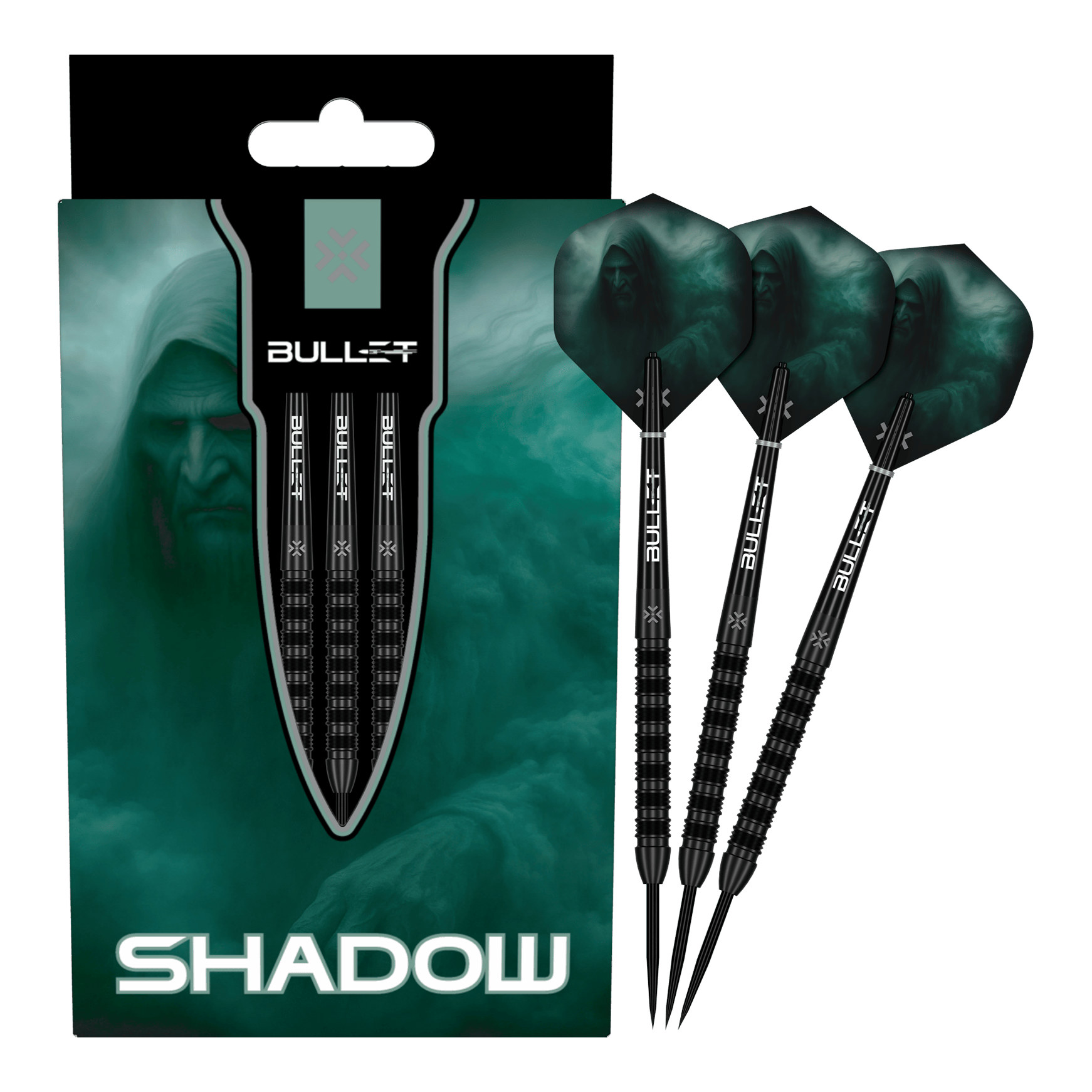 Das Bild zeigt die Bullet Shadow Steeldarts. Sie sind hochwertige Steeldarts mit einem modernen Design.