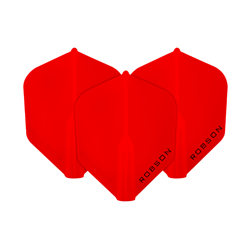 Das Bild zeigt drei rote Dart-Flights mit der Aufschrift "ROBSON". Sie sind in einer Reihe angeordnet und haben eine moderne, glänzende Oberfläche.
