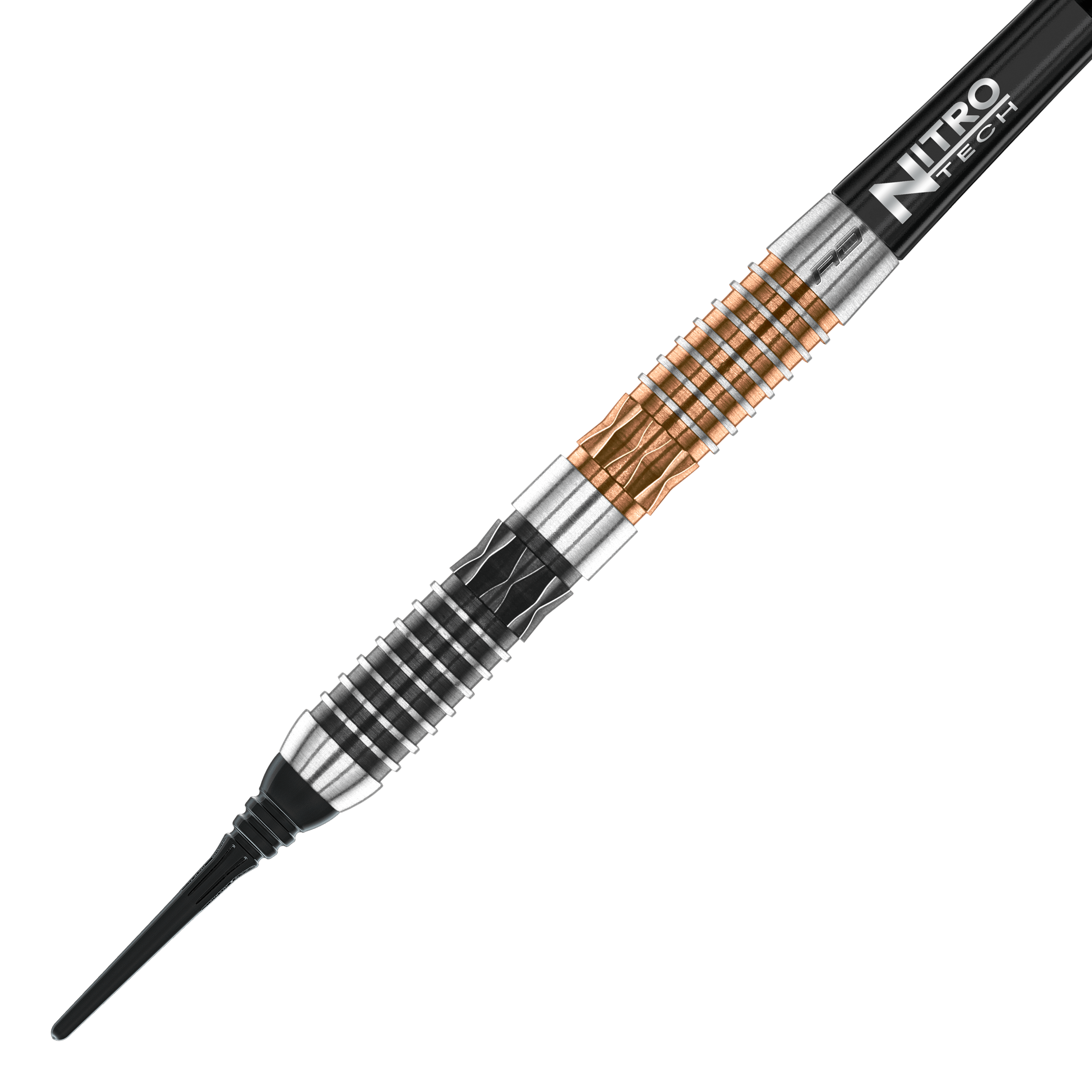 Red Dragon Panterra soft darts - 20g Das Bild zeigt einen Red Dragon Panterra Softdart mit einem Gewicht von 20g. Der Dartpfeil hat ein auffälliges Design mit schwarzen, silbernen und bronzefarbenen Elementen.