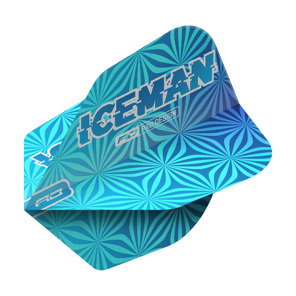 Red Dragon Gerwyn Price Iceman Blue No6 Flights Das Bild zeigt ein blaues Dart-Flight mit geometrischem Muster und der Aufschrift "ICEMAN". Es handelt sich um das Produkt "Red Dragon Gerwyn Price Iceman Blue No6 Flights".