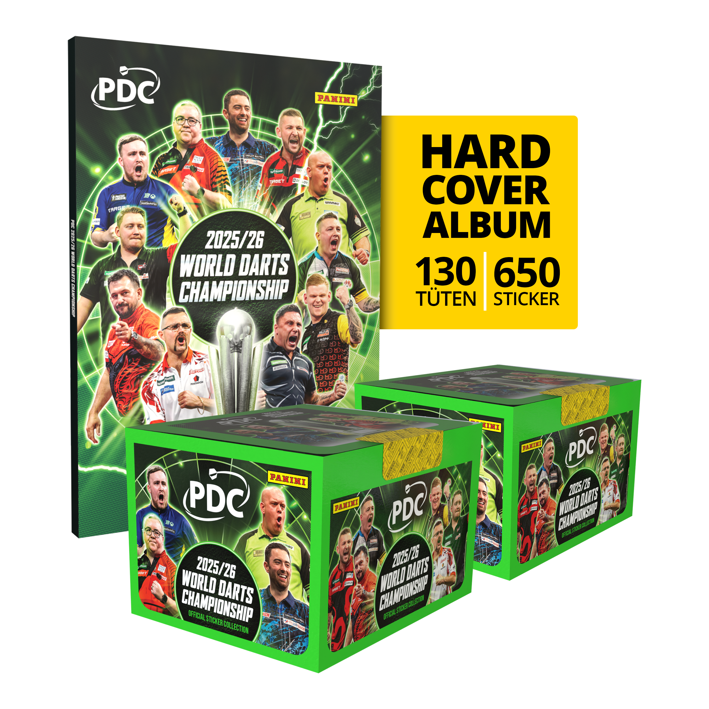 Panini PDC World Darts Championship 2025/26 - Hardcover Mega Bundle with two sticker boxes Abgebildet ist das Panini PDC World Darts Championship 2025/26 Hardcover Mega Bundle mit zwei Stickerboxen. Das Produkt eignet sich für Dart-Fans zum Sammeln und Tauschen.