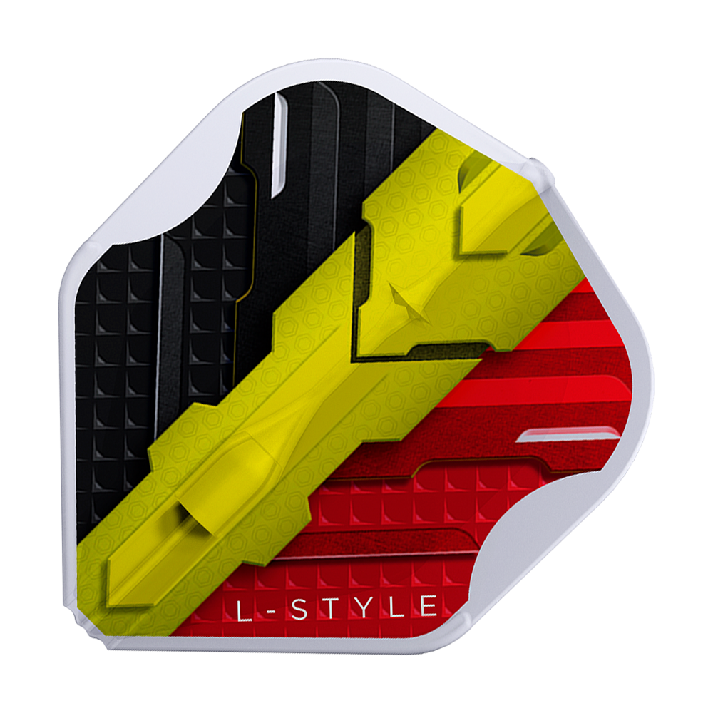 L-Style V-Series V1 Type C Belgium Clear White L1EZ Flights Dies ist ein Dartflight mit den Farben Schwarz, Gelb und Rot im Design der belgischen Flagge. Am unteren Rand steht in Weiß der Schriftzug "L-STYLE".