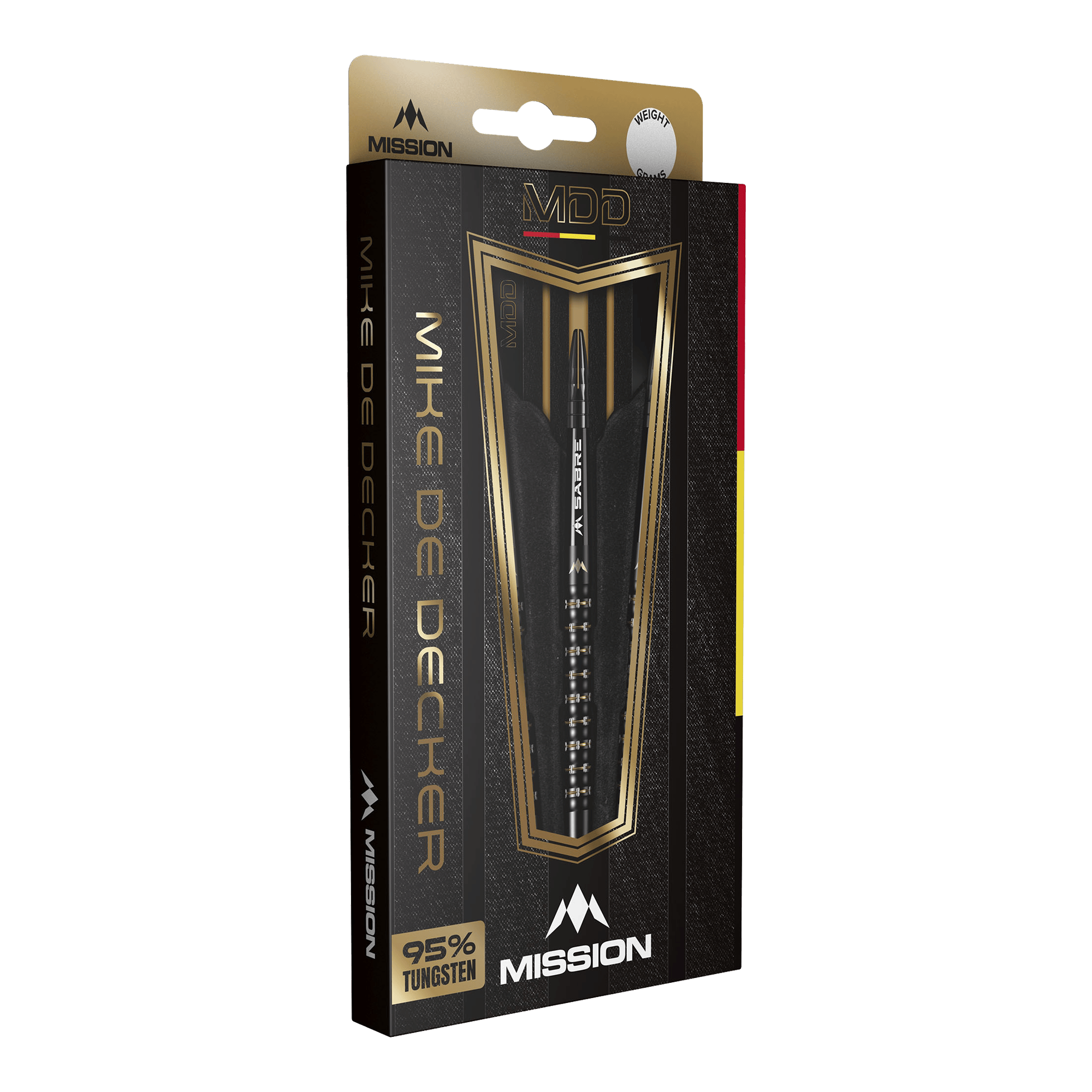 Die Abbildung zeigt die Verpackung der "Mission Mike De Decker MDD Black Gold Softdarts - 20g". Die elegante Box hebt das Design der Darts sowie den hohen Tungsten-Anteil von 95 % hervor.