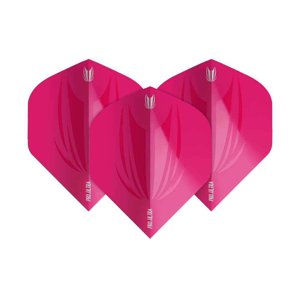 TG420_Target_ProUltra_ID_Pink_No2_Standard_Flights_101HNZmkKl9735 Das Bild zeigt drei pinkfarbene Dart-Flights des Modells "Target ProUltra ID Pink No2 Standard". Jeder Flight hat das Target-Logo und die Aufschrift "Pro Ultra" in weiß.