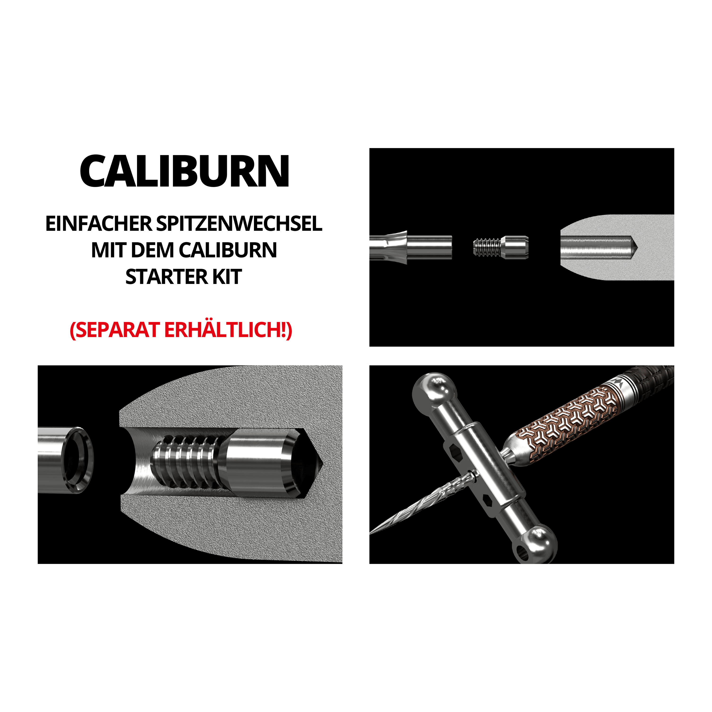 Caliburn System Steeldart Tips - Ripple - NoLip - Black Das Bild zeigt verschiedene Detailansichten eines Steeldartspitzen-Systems mit mechanischen Verbindungs- und Montageschritten. Im Text wird darauf hingewiesen, dass das System separat erhältlich ist.