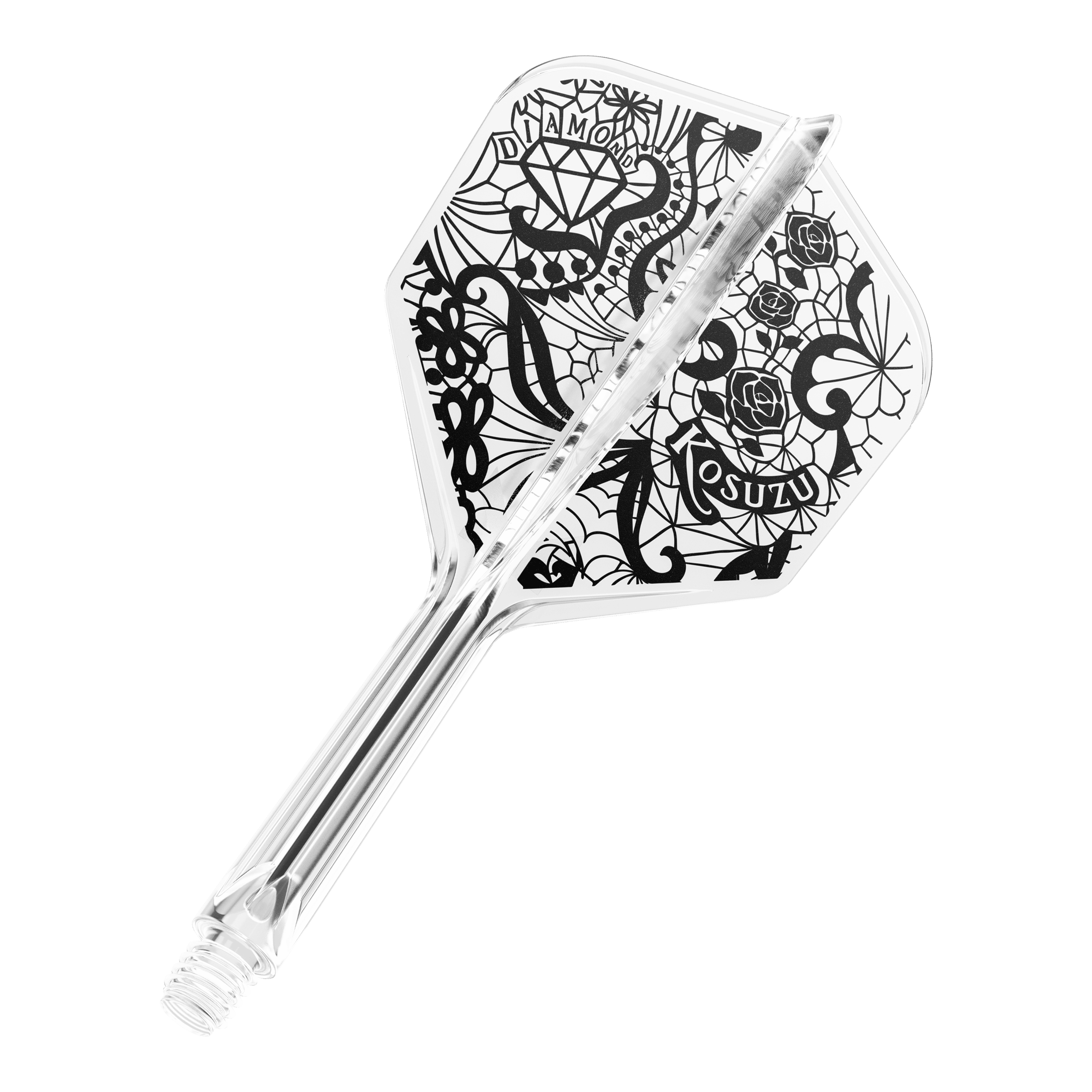 Dies ist ein transparenter Dartpfeil mit schwarzem, detailreichem Design auf der Flight-Fläche. Auf dem Flight sind unter anderem ein Diamant, Rosen und Schriftzüge zu sehen.