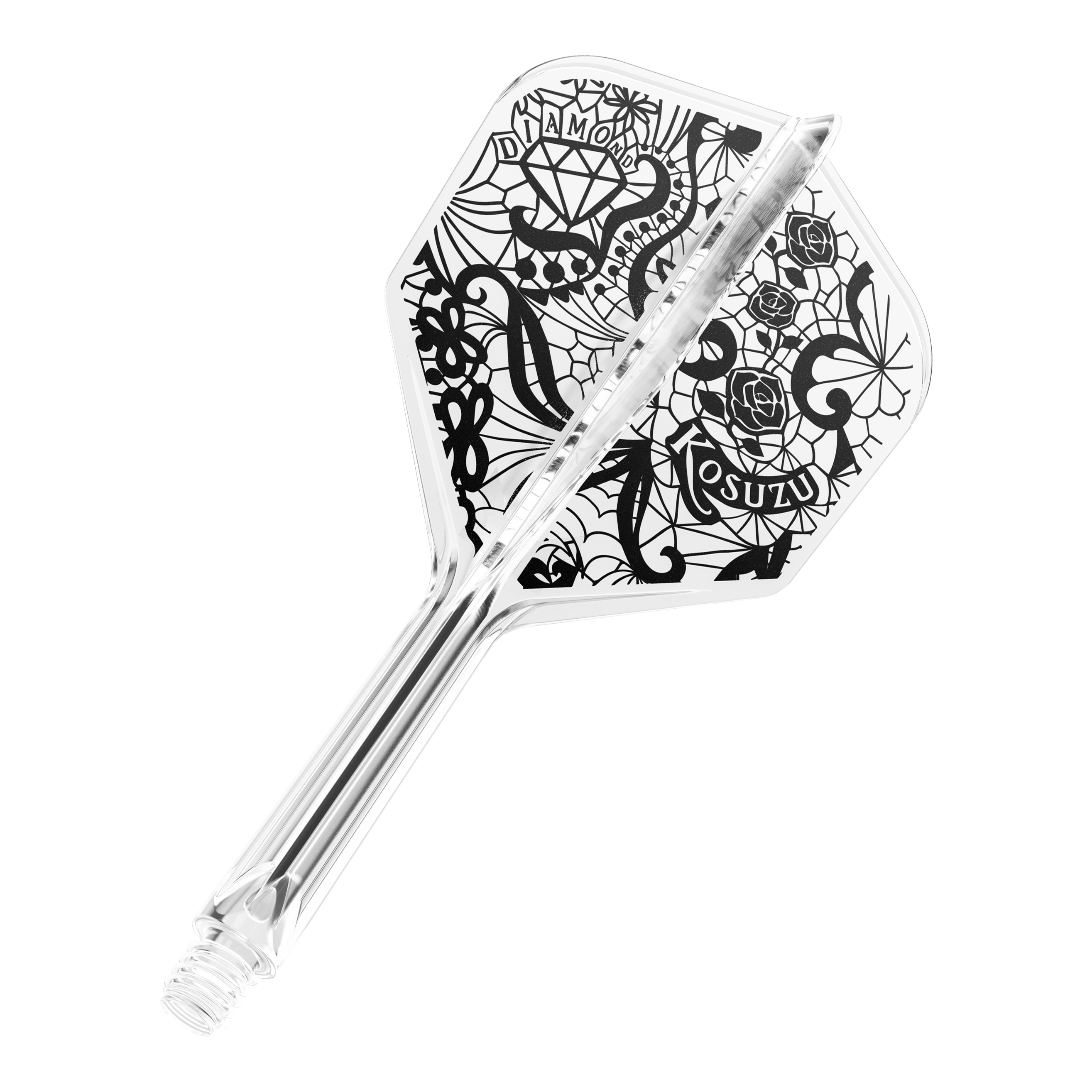 Target Japan K-Flex Diamond No6 Flight Shaft System Dies ist ein transparenter Dartpfeil mit schwarzem, detailreichem Design auf der Flight-Fläche. Auf dem Flight sind unter anderem ein Diamant, Rosen und Schriftzüge zu sehen.
