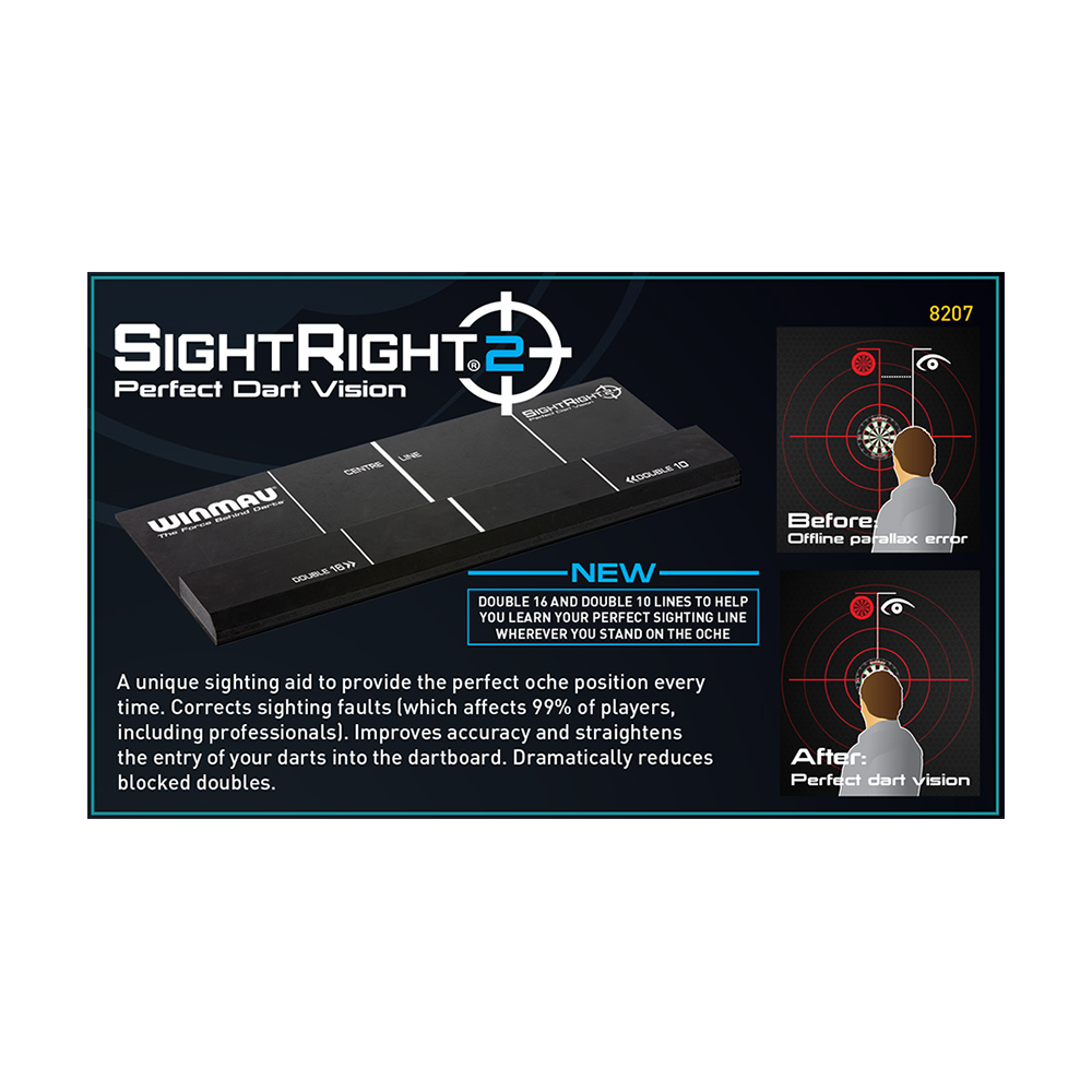8207_Winmau_SightRight2_2 Das Bild zeigt das Produkt "Winmau SightRight 2", ein Zielsicht-Hilfsmittel für Dartspieler. Es hilft dabei, die perfekte Wurfposition zu finden und die Genauigkeit beim Dartspielen zu verbessern.