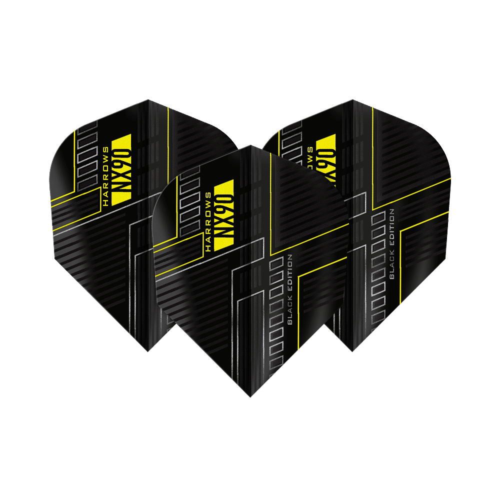 Harrows NX90 Black Edition No6 Flights Das Bild zeigt drei schwarze Dart-Flights mit dem Namen "Harrows NX90 Black-Edition No6". Die Flights haben ein modernes Design mit gelben Linien und Schriftzügen.
