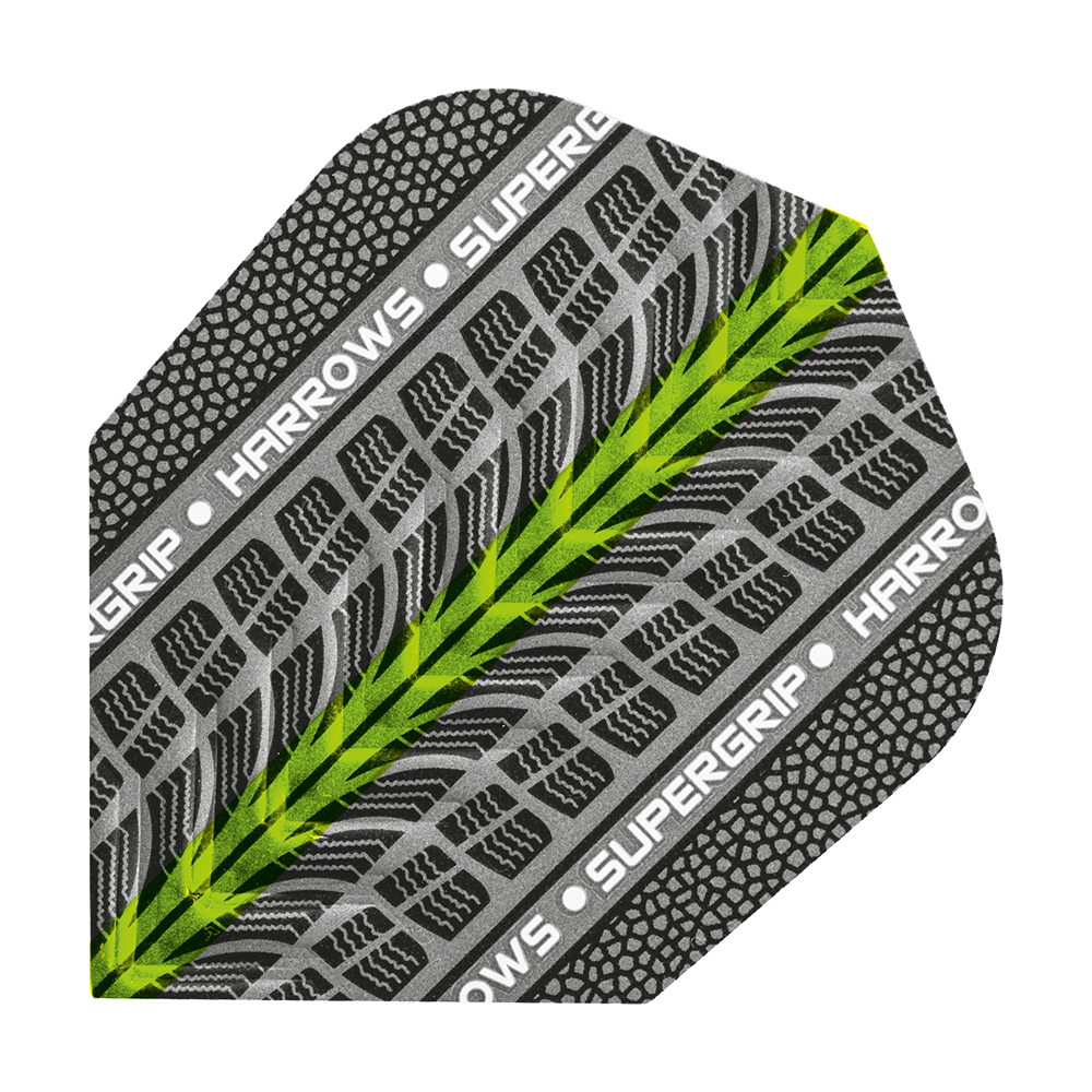HR73_Harrows_Supergrip_Gr-n_No6_Flights_1 Das Bild zeigt ein Dartflight mit dem Namen "Harrows Supergrip Grün No6 Flights". Das Flight ist überwiegend schwarz-grau mit einem markanten grünen Streifen und dem Schriftzug "HARROWS SUPERGRIP".