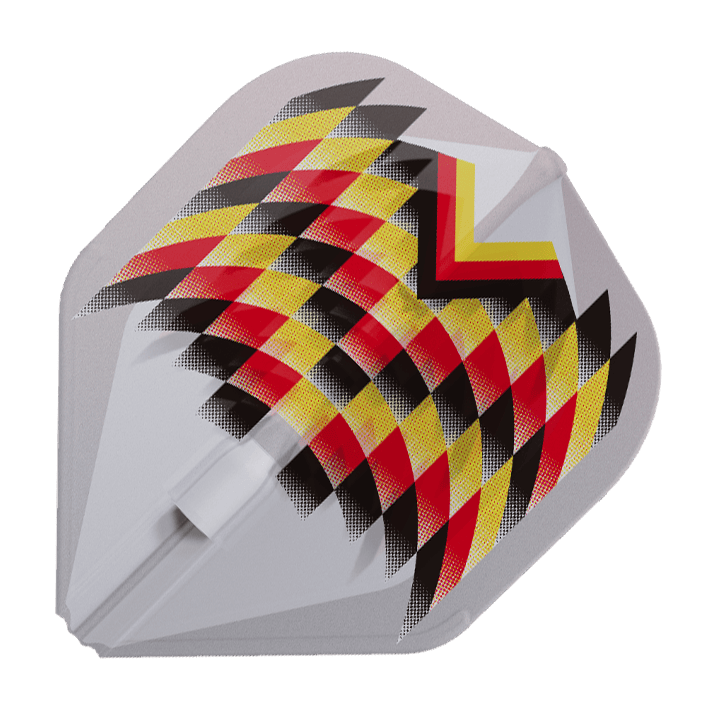 sL1EZ-Gabriel_Clemens_V2_LIMITED-CLW Das Bild zeigt ein Dartflight im weißen Design mit einem auffälligen Muster in Rot, Gelb und Schwarz. Es handelt sich um das „L-Style Gabriel Clemens V2 Clear White Signature Champagne L1EZ Flight“.