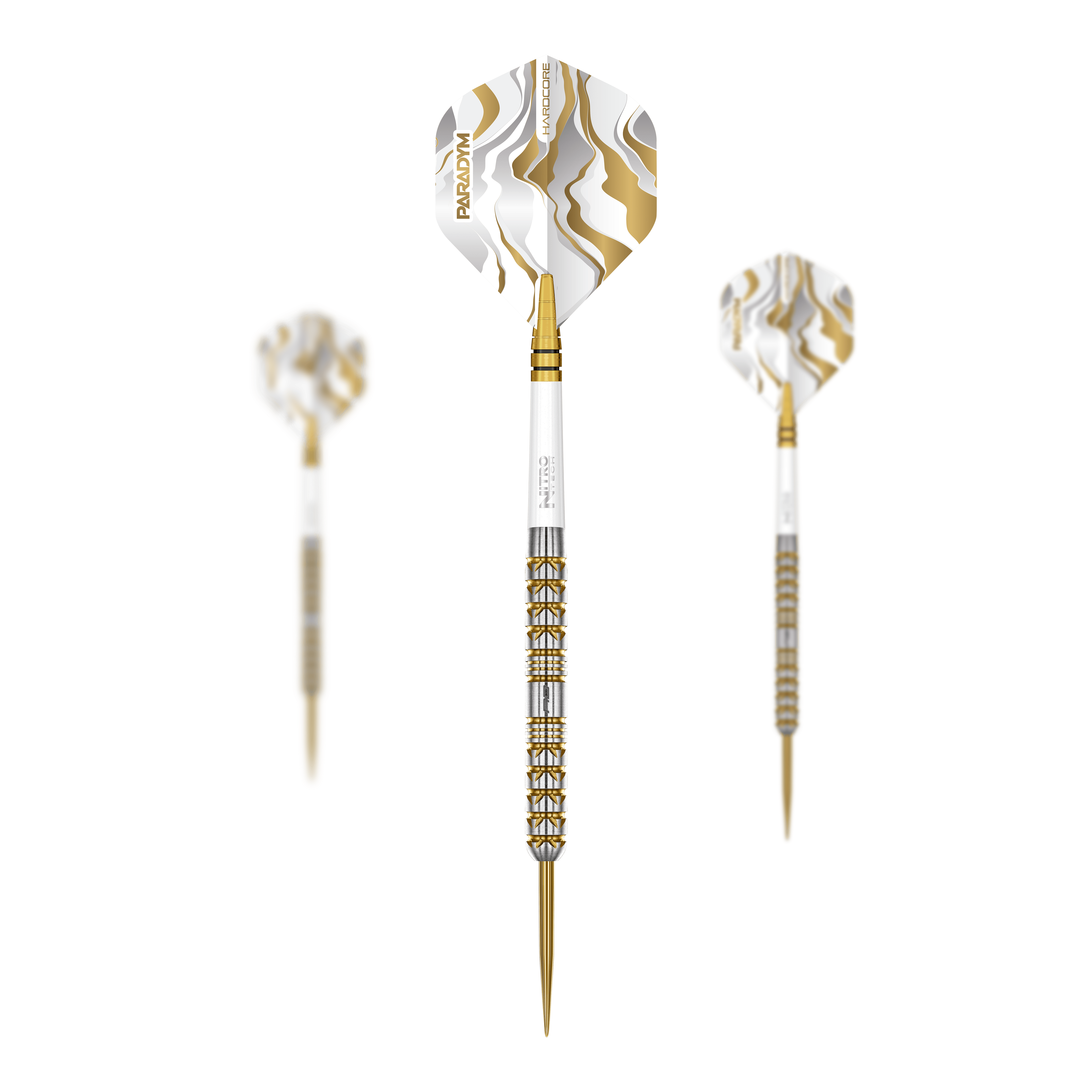 Red Dragon Paradym Gold Parallel Steeldarts Zu sehen ist ein Set der Red Dragon Paradym Gold Parallel Steeldarts. Das Set besteht aus mehreren Steeldarts mit einer goldfarbenen Optik.