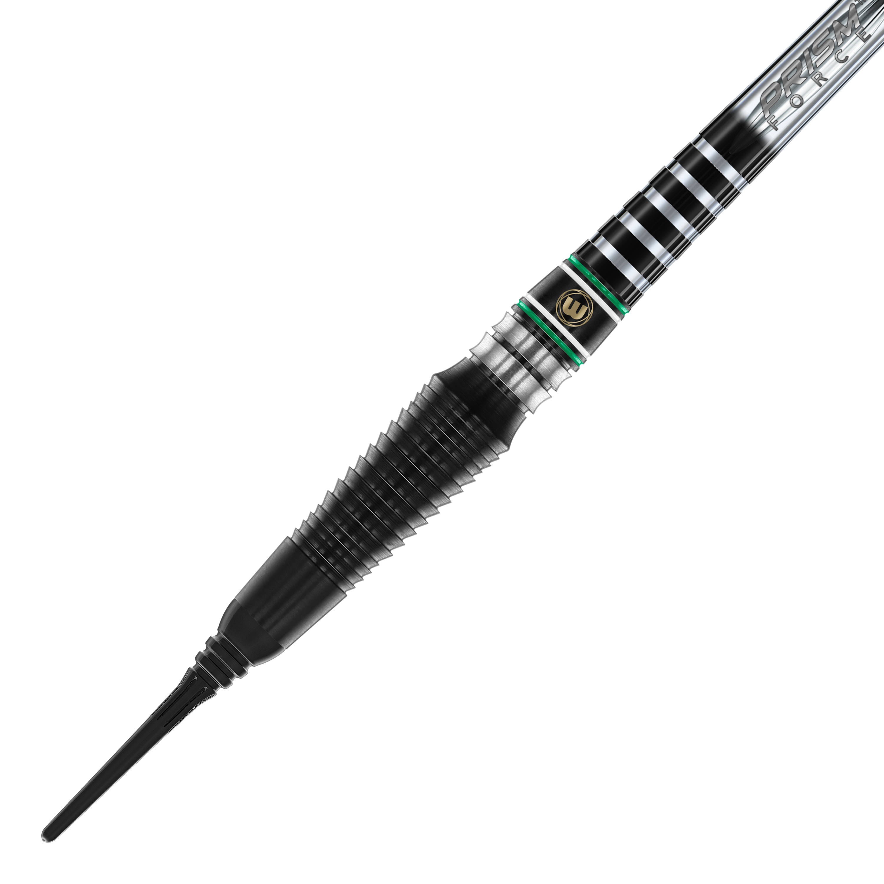 Winmau Sniper Black 2025 soft darts - 20g Auf dem Bild ist ein Winmau Sniper Black 2025 Softdart mit einem Gewicht von 20g zu sehen. Der Dart hat ein modernes, schwarzes Design mit silbernen und grünen Akzenten.