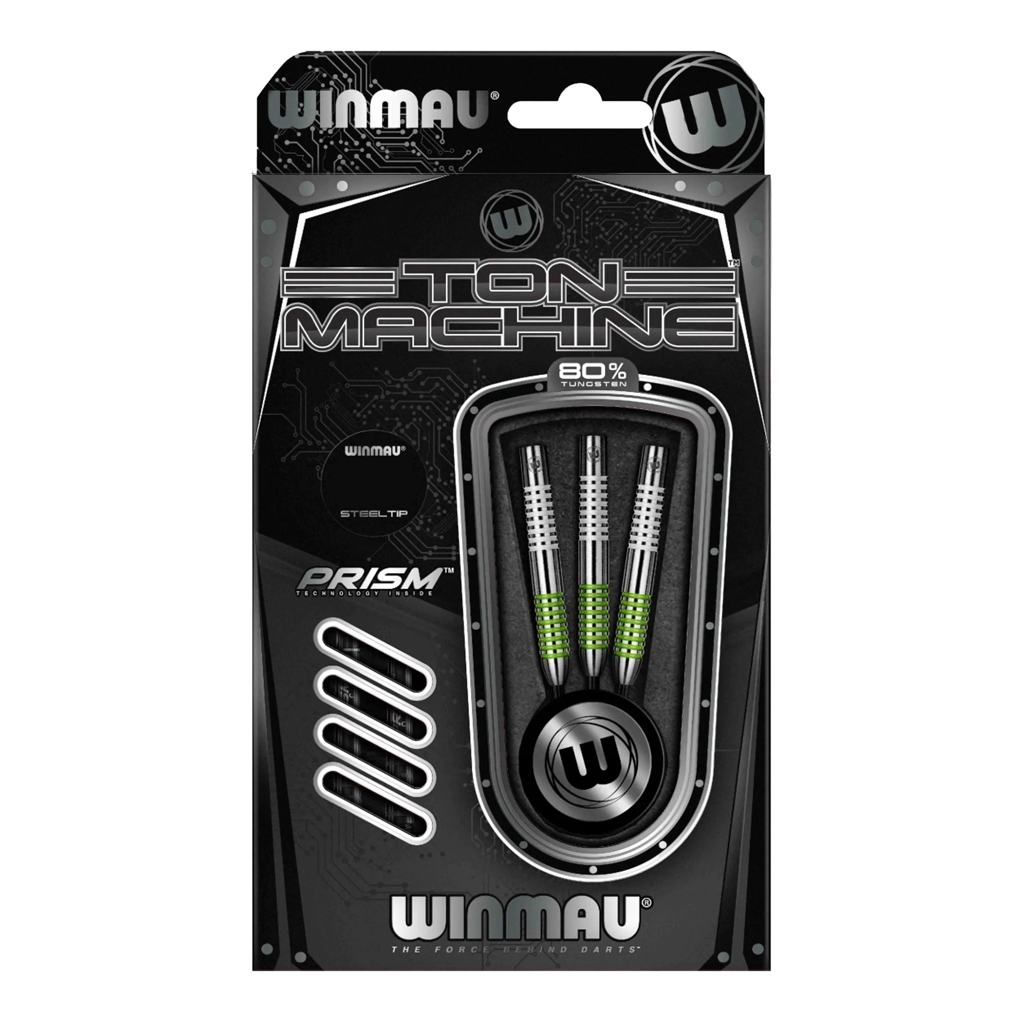 Winmau Ton Machine steel darts Die Abbildung zeigt die Winmau Ton Machine Steeldarts. Es handelt sich um hochwertige Dartpfeile für Steeldartspiele.