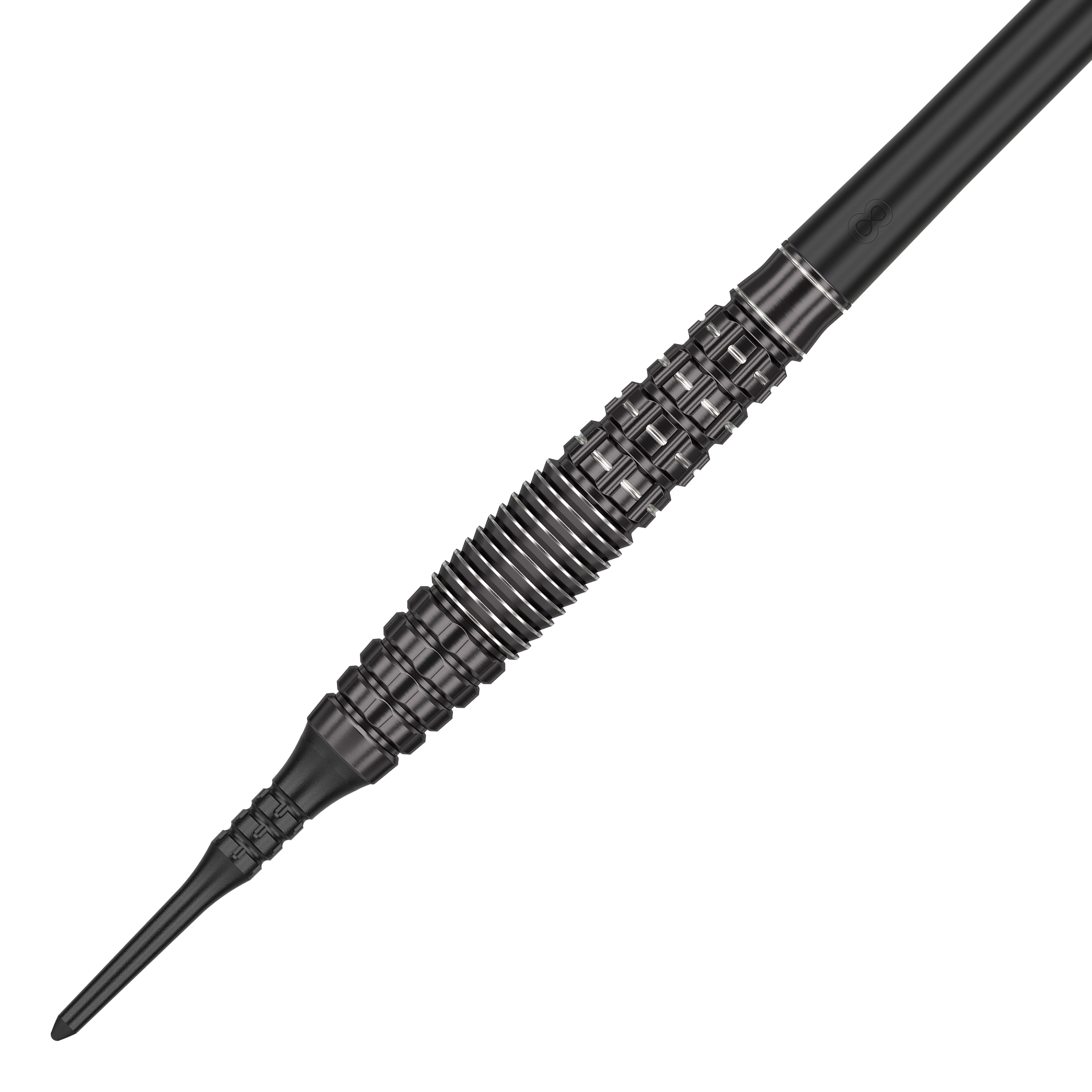 Target Japan Black Marque Phantom Soft Darts - 18g Dies ist ein schwarzer Softdart namens "Target Japan Black Marque Phantom Softdarts - 18g". Der Dart hat ein auffälliges, geometrisch gemustertes Barrel-Design.