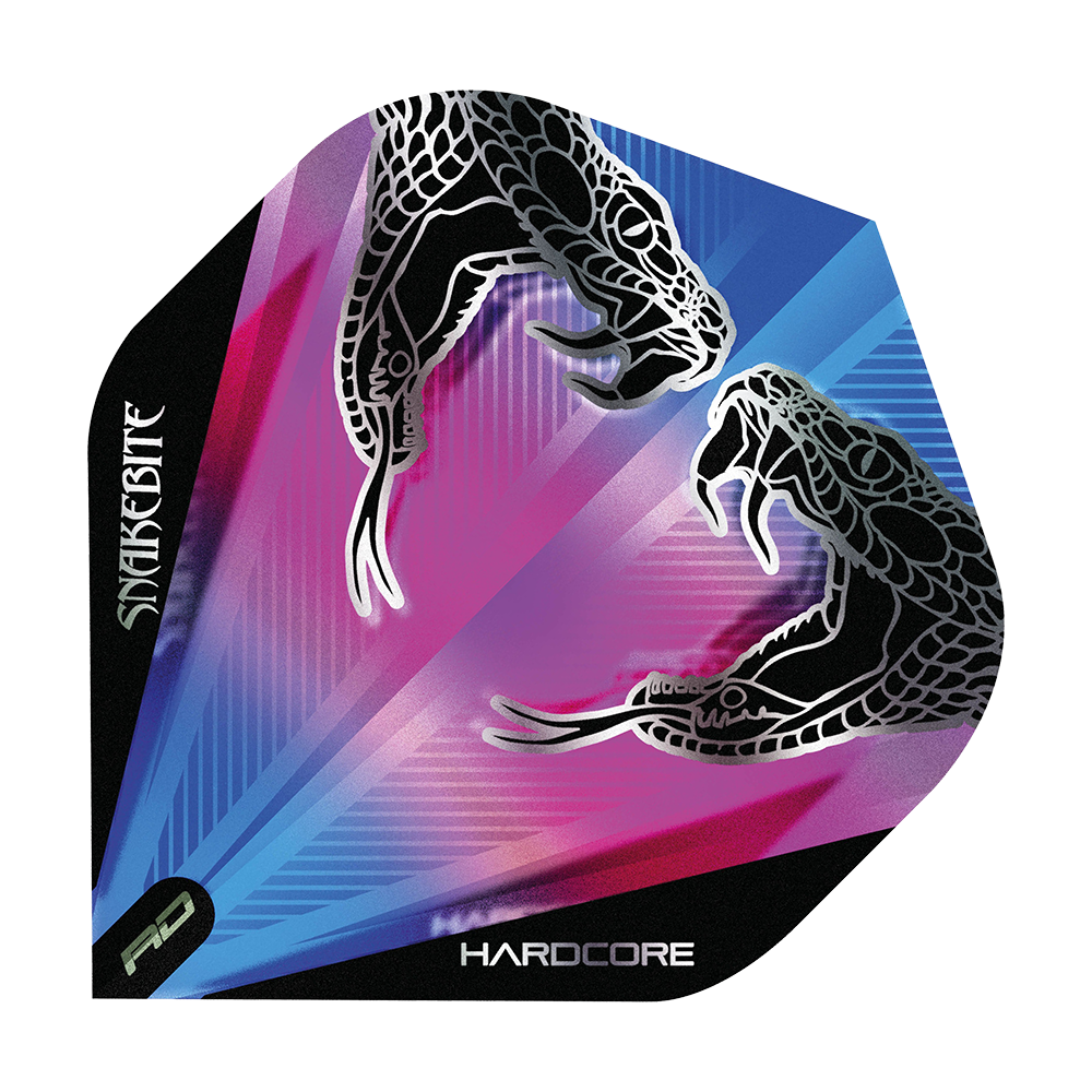 PPF48_Peter_Wright_Snakebite_Hardcore_Snake_Black_Transparent_Flights_1 Das Bild zeigt ein Dart-Flight mit dem Namen "Peter Wright Snakebite Hardcore Snake Black Transparent Flights". Auf dem Flight sind zwei schwarze Schlangen und ein farbenfroher Hintergrund in Blau, Lila und Pink zu sehen.