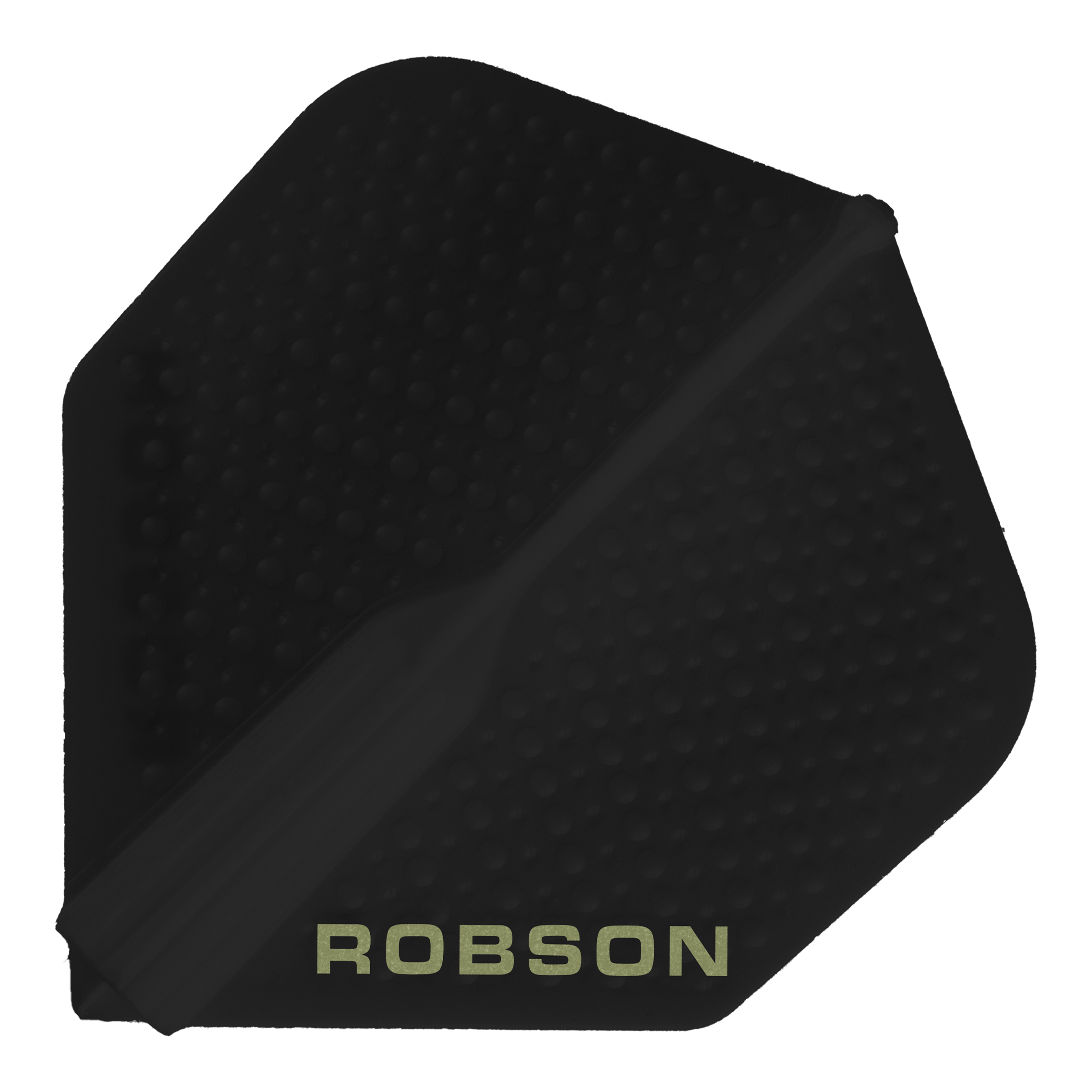 Robson Plus Dimple Flights - Black Dieses Bild zeigt ein schwarzes Dart-Flight mit dem Namen "Robson Plus Dimple Flights - Schwarz". Auf dem Flight steht am unteren Rand das Wort "ROBSON" in hellen Buchstaben.