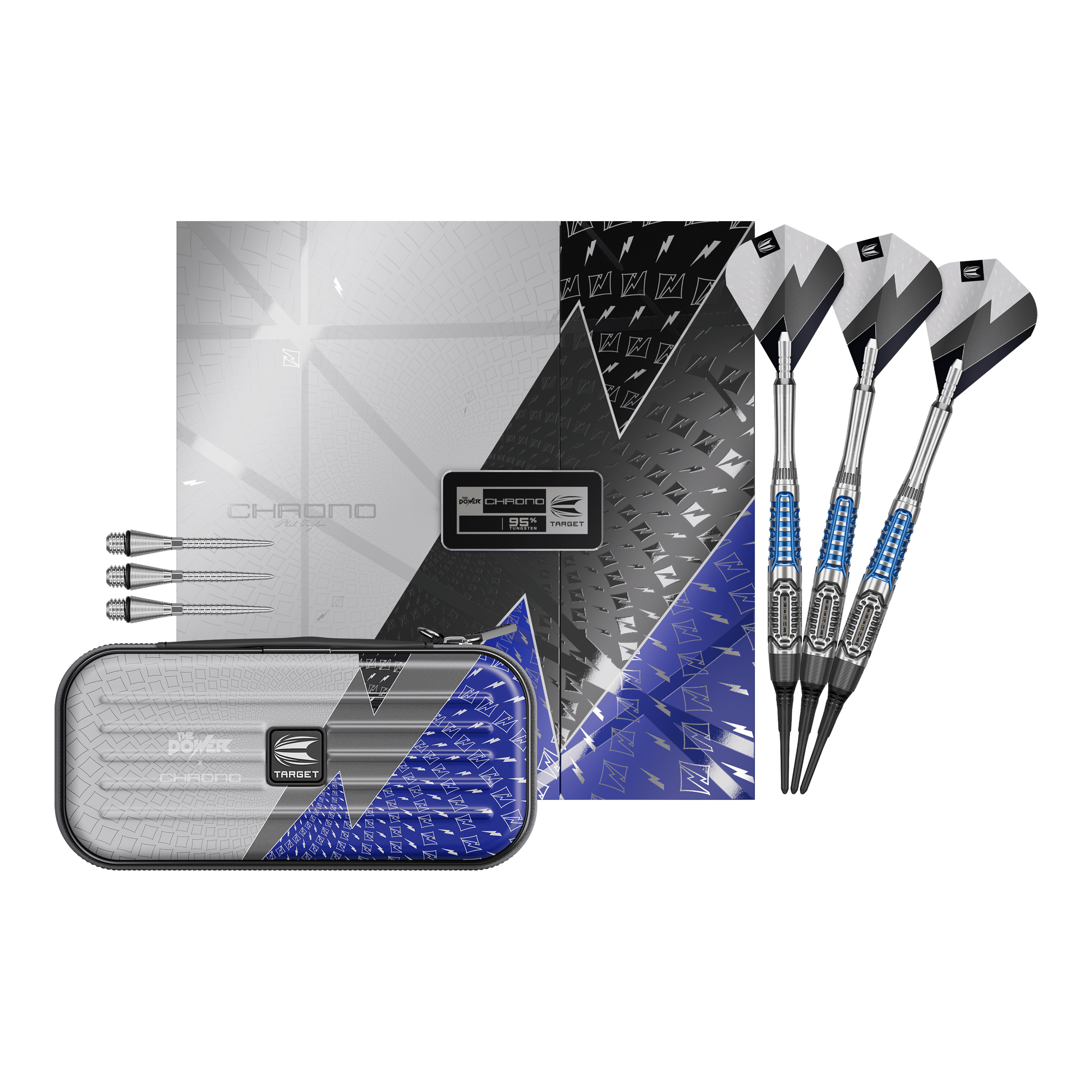 Hier sieht man die Target Phil Taylor Power X Chrono Softdarts. Die Softdarts sind vollständig dargestellt und zeigen das gesamte Set.