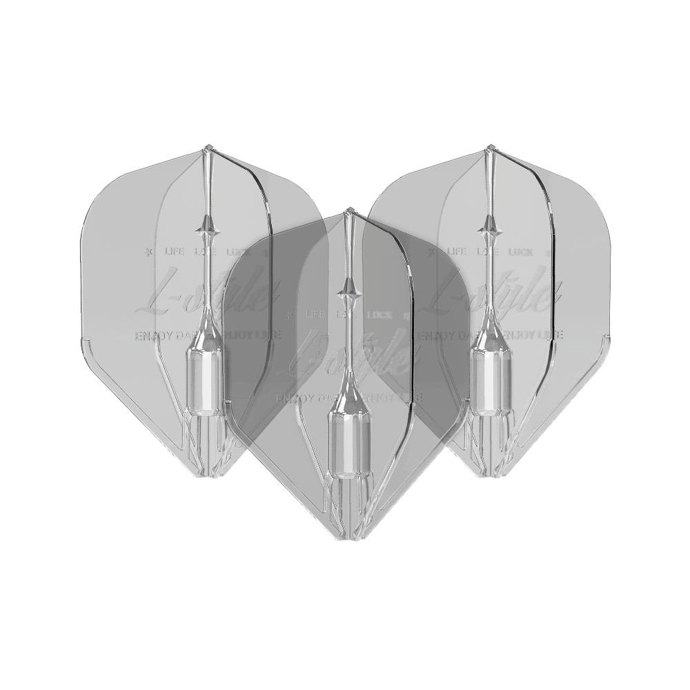 L-Style Fantom L1EZ Flights Clear Das Bild zeigt drei transparente Dartflights des Modells "L-Style Fantom L1EZ Flights Clear". Die Flights sind klar und haben eine klassische Pfeilform.