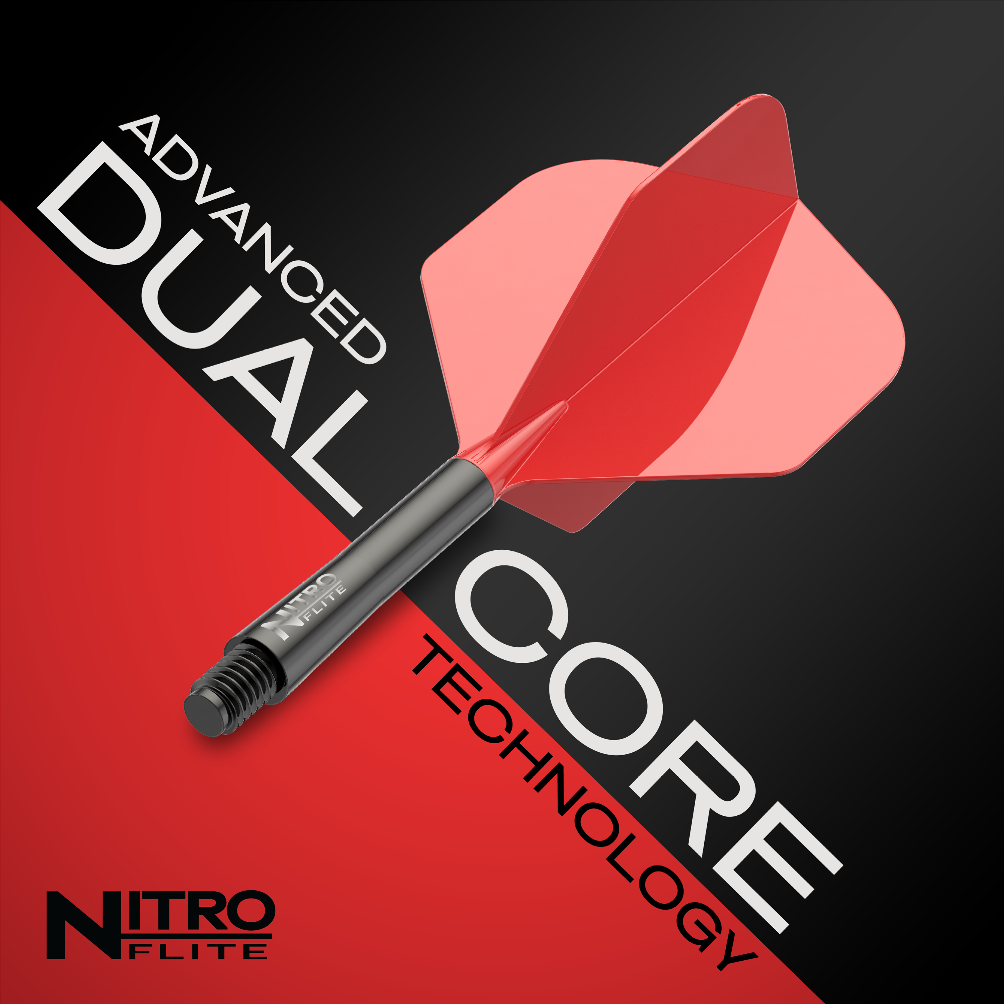 Das Bild zeigt die Red Dragon Nitroflite - Black Shaft Red No2 Flights. Die Dart-Flights sind schwarz und rot gestaltet.
