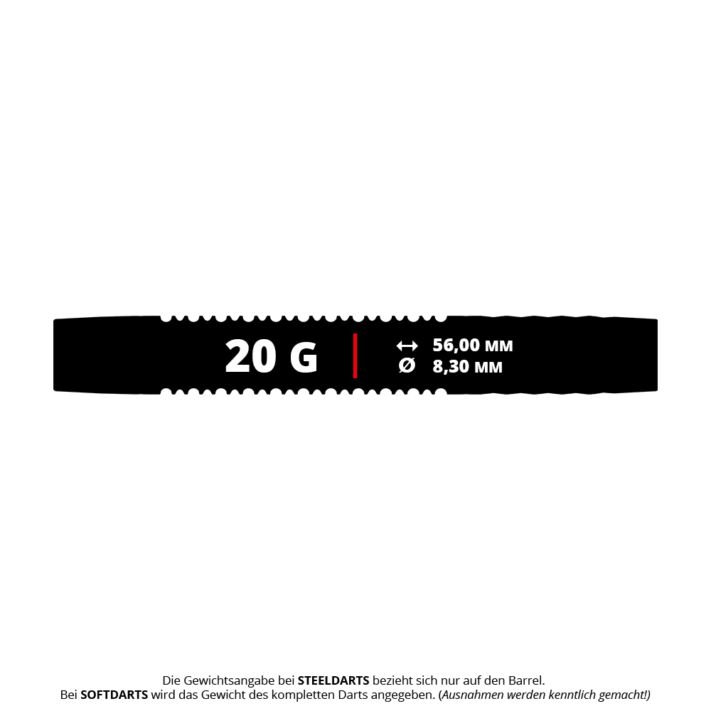 Target Josh Rock GEN1 Soft Darts - 20g Das Bild zeigt die Produktinformationen der "Target Josh Rock GEN1 Softdarts - 20g". Die Darts wiegen 20 Gramm, sind 56,00 mm lang und haben einen Durchmesser von 8,30 mm.