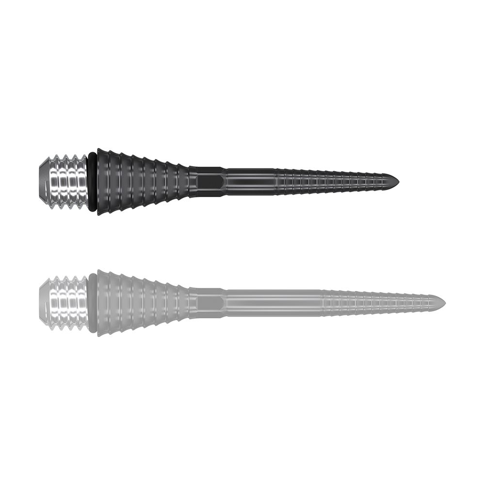 380172_Target_Titanium_Swiss_Point_Grooved_Conversion_Points_Schwarz_26mm_1P96ZNNczOufol Das Bild zeigt zwei schwarze, gerillte Target Swiss Point Conversion Points. Sie sind spitz zulaufend und haben einen silbernen, metallischen Schraubkopf.