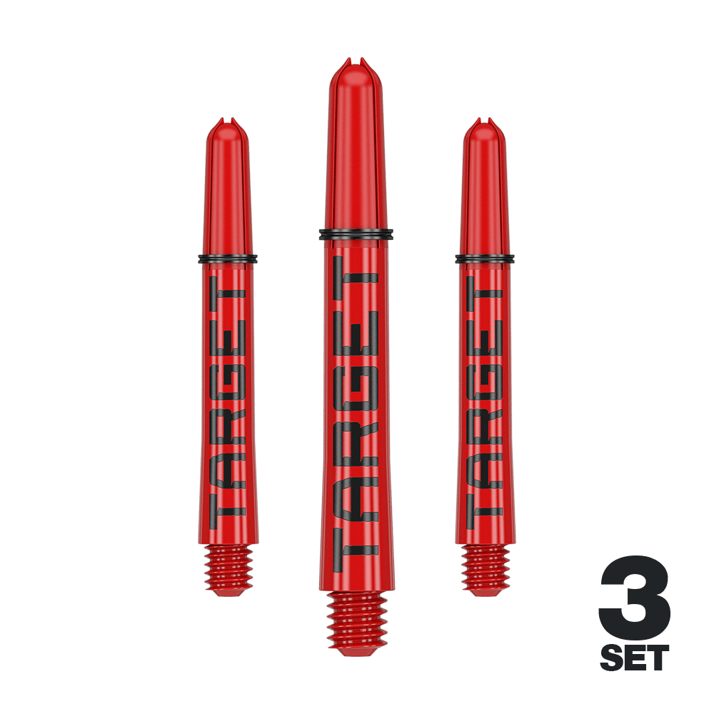 Das Bild zeigt drei rote Dartschäfte mit der Aufschrift "TARGET". Unten rechts steht "3 SET", was auf ein Set mit drei Stück hinweist.