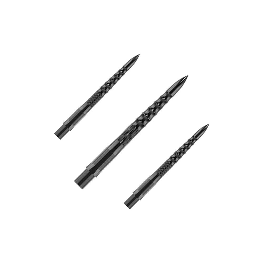 Mission Caliburn EVO Dart Tips - Ripple - Black Auf dem Bild sind drei schwarze Steeldartspitzen mit einem geriffelten Muster zu sehen. Sie sind als Set angeordnet und haben eine Länge von 26 mm.