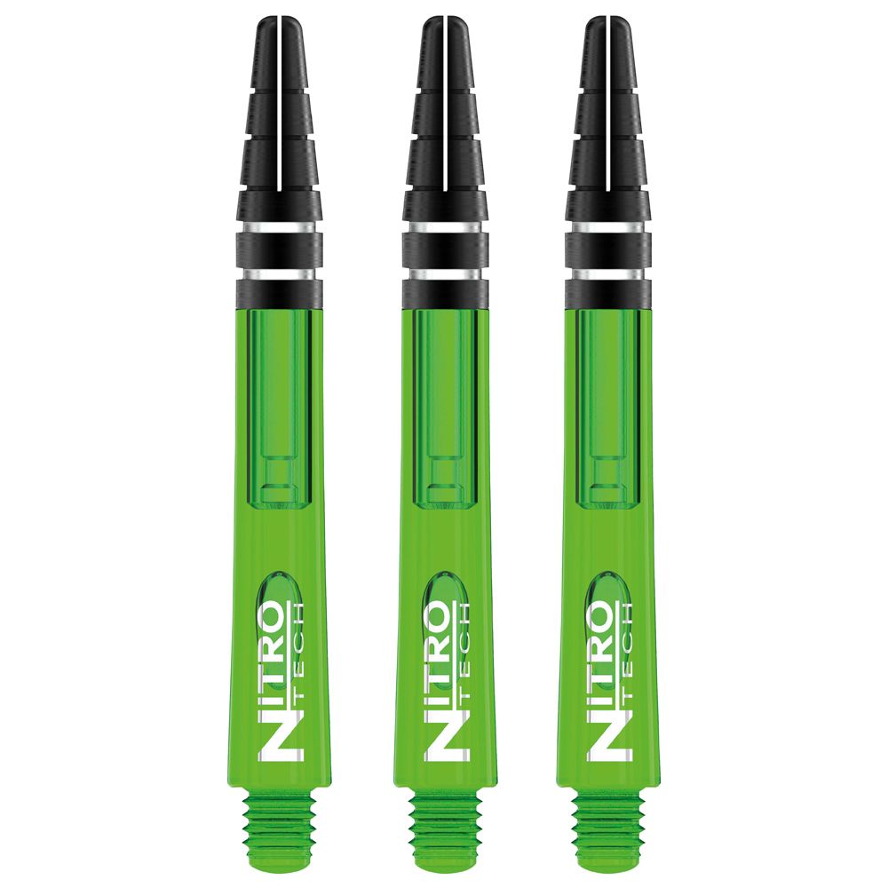 C451_Nitrotech_Medium_Green_V Das Bild zeigt drei grüne RedDragon Nitrotech Shafts. Sie sind für Dartpfeile und haben schwarze Spitzen.