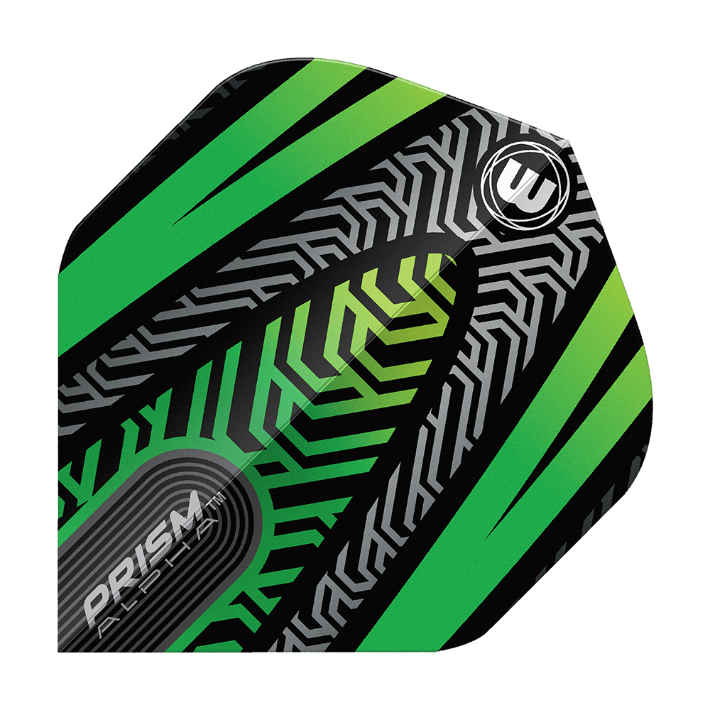 Winmau Prism Alpha Black Green No. 2 Standard Flights Das Bild zeigt ein Winmau Prism Alpha Schwarz Grün No2 Standard Flight. Das Design ist schwarz mit grünen und silbernen Mustern sowie dem Winmau-Logo.