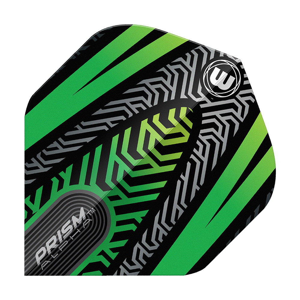 Winmau Prism Alpha Black Green No. 2 Standard Flights Ein einzelner Winmau Prism Alpha Schwarz No2 Standard Flight wird präsentiert. Konturen und Details sind klar zu erkennen.