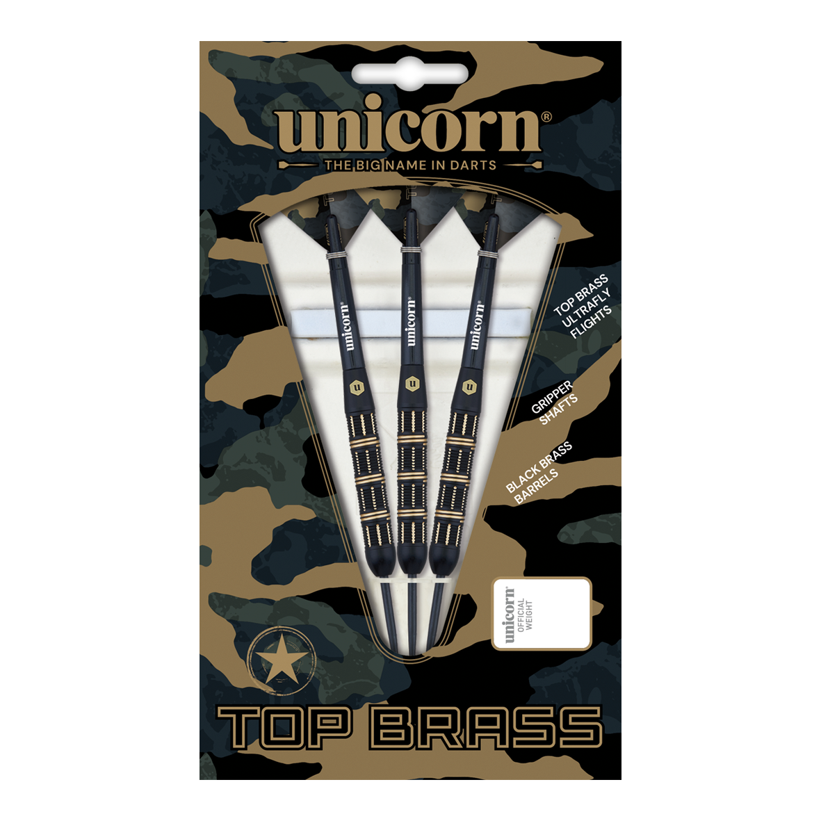 Unicorn Top Brass V3 Steeldarts - 21g Auf dem Bild ist das Produkt „Unicorn Top Brass V3 Steeldarts - 21g“ zu sehen. Die Verpackung enthält drei schwarze Darts mit goldenen Akzenten und weiß-schwarzen Flights.