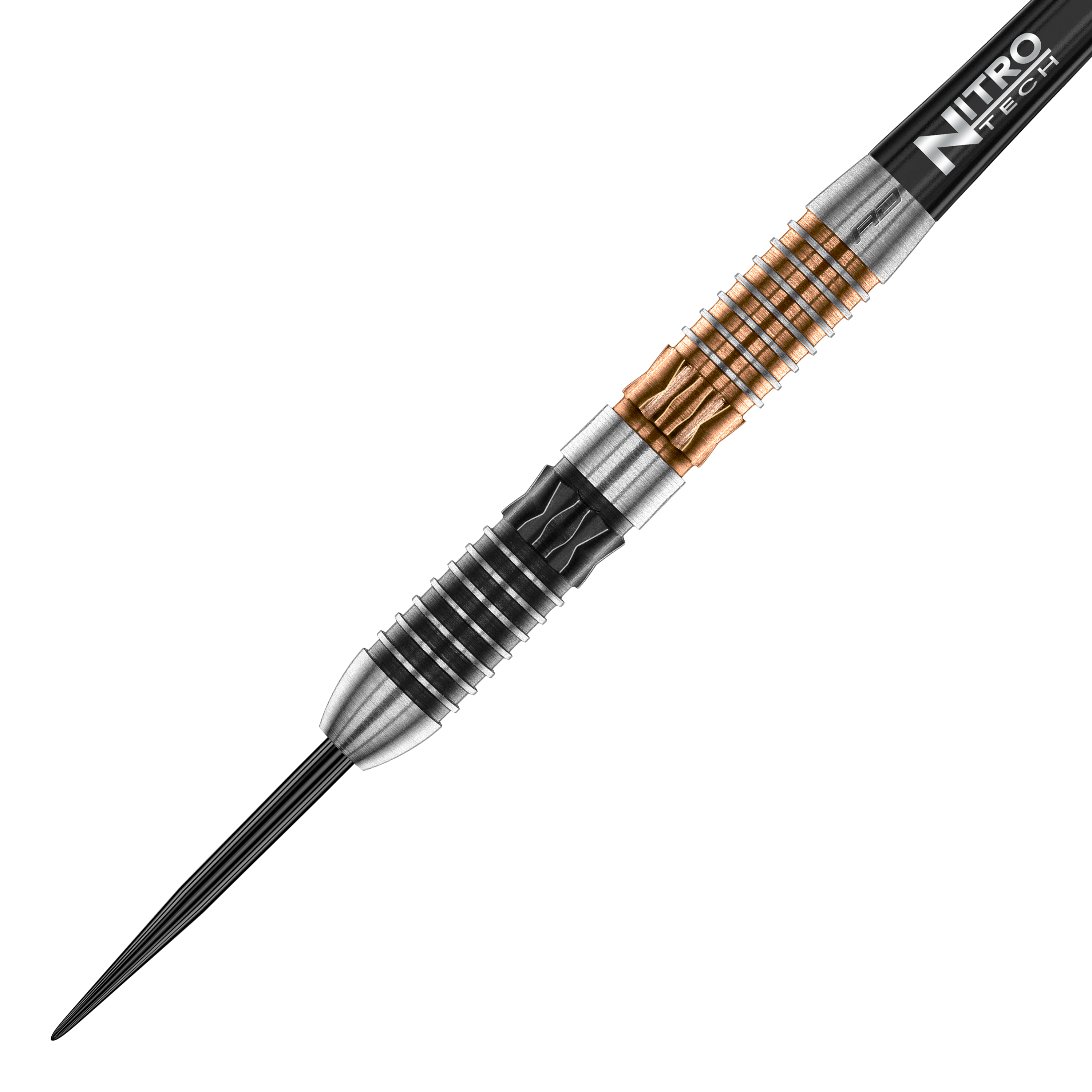 Red Dragon Panterra steel darts Das Bild zeigt einen Red Dragon Panterra Steeldart. Der Dartpfeil hat ein auffälliges Design mit silbernen, schwarzen und goldenen Rillen am Barrel.