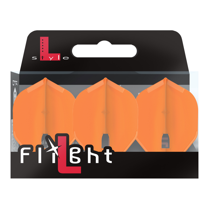 L-Style Flights Champagne - L1PRO Standard Auf dem Bild ist eine Packung mit drei orangefarbenen Dart-Flights zu sehen. Die Verpackung trägt die Aufschrift „L-Style Flight“.