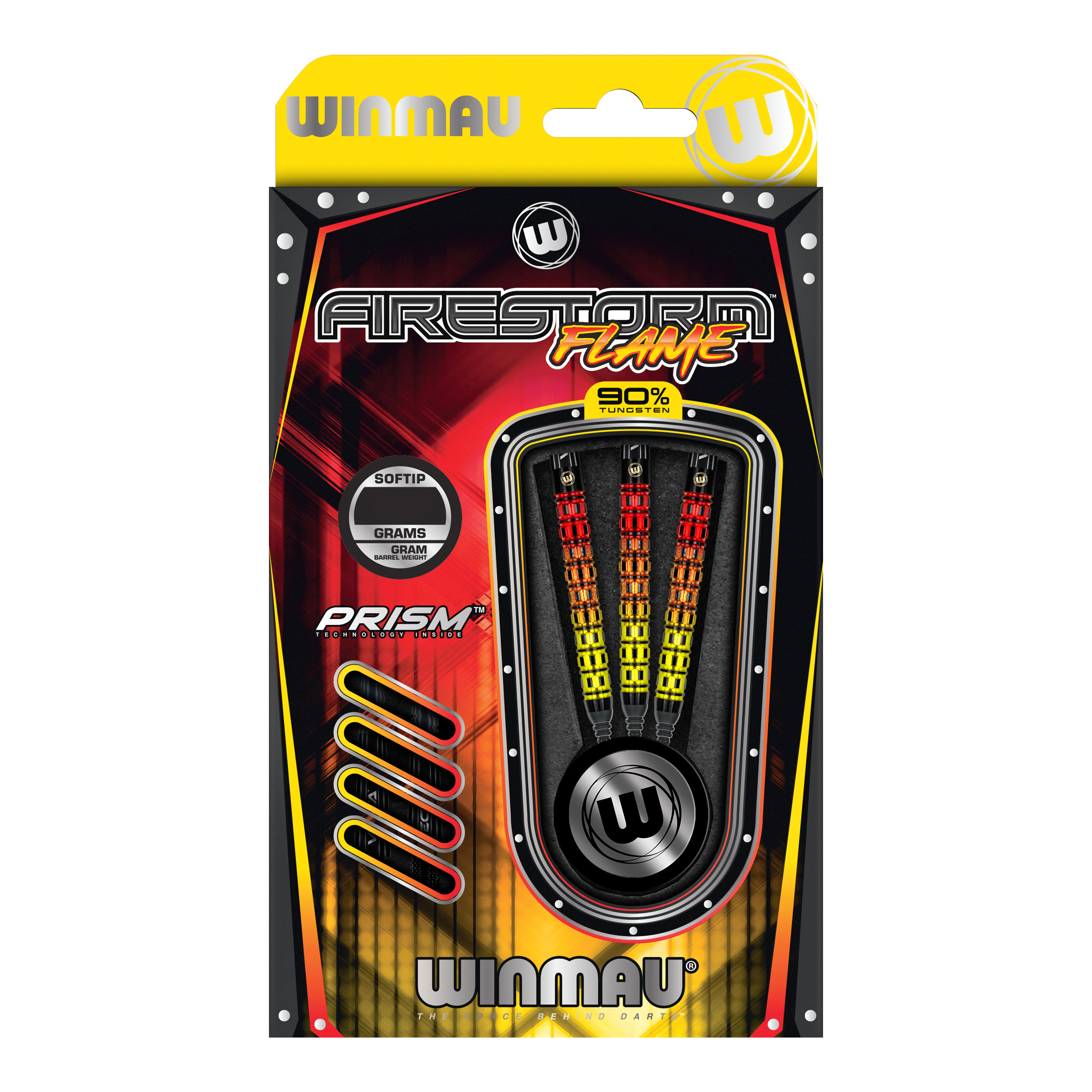 Winmau Firestorm Flame Parallel Softdarts - 20g Das Bild zeigt eine Verpackung der "Winmau Firestorm Flame Parallel Softdarts - 20g". In der Packung befinden sich drei farbenfrohe Softdarts mit 90% Tungsten-Anteil.