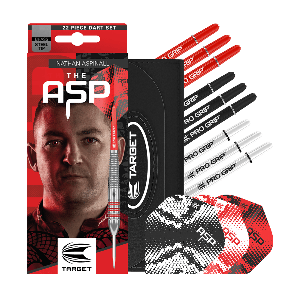 Zu sehen sind die Target Nathan Aspinall Brass Steeldarts mit 22 Gramm Gewicht. Diese Darts sind ideal für präzises Steeldart-Spiel.