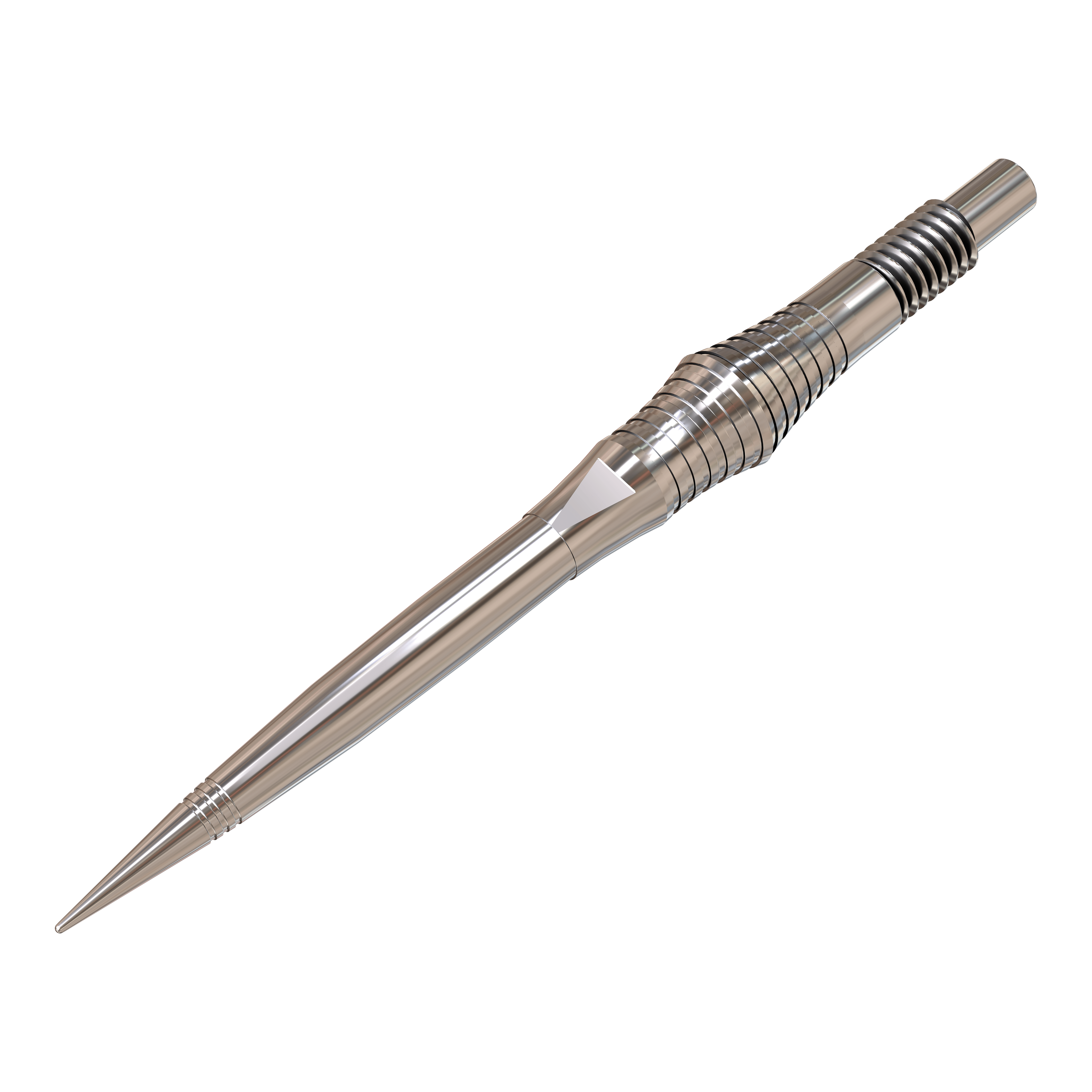 Harrows Quick Point Spire Elite Series Dart Tips - Silver Auf dem Bild sind einzelne silberne Dartspitzen zu sehen. Sie sind groß abgebildet und deutlich dargestellt.