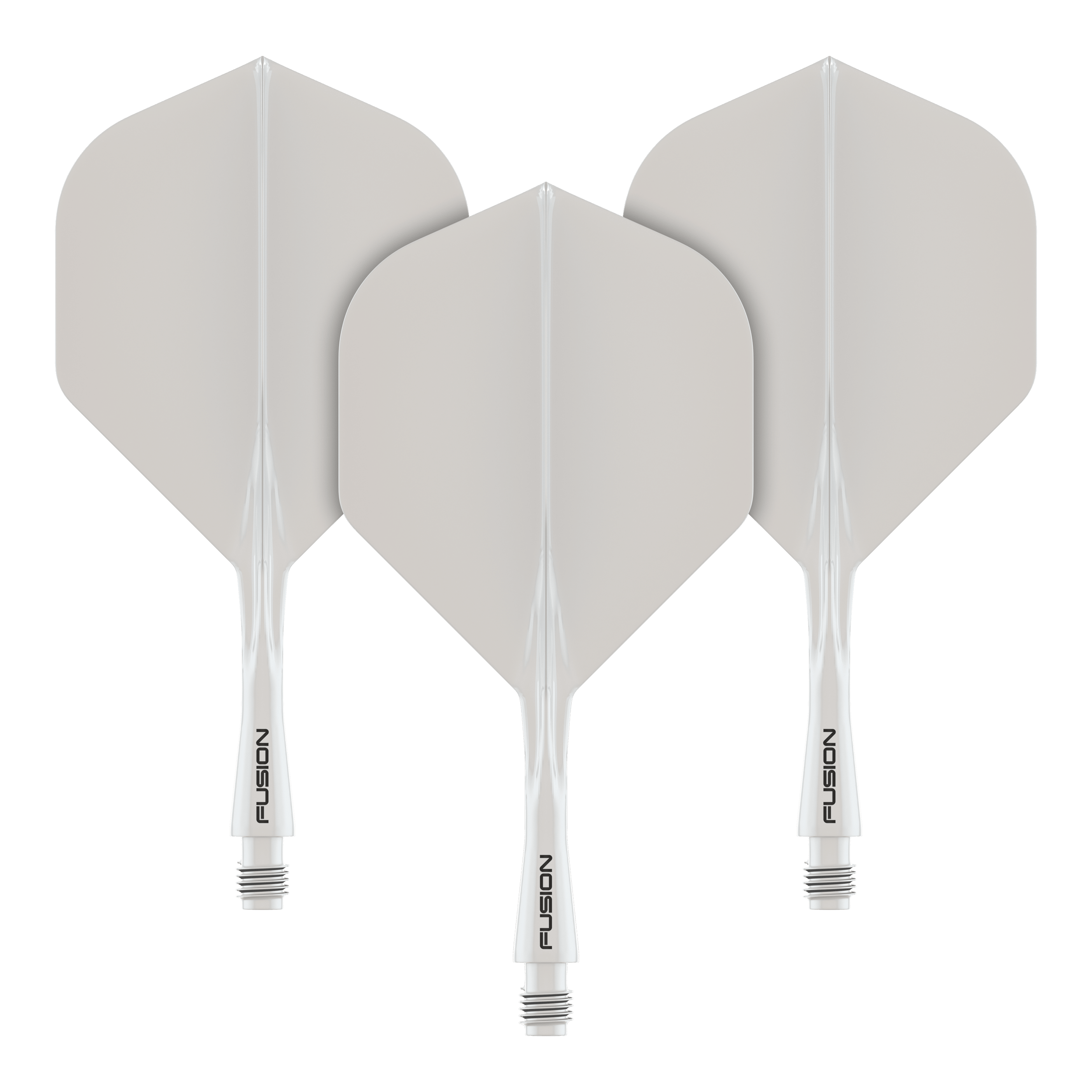 Winmau Fusion Flight Shaft System Standard White Das Bild zeigt drei weiße Dartflights mit integrierten Schäften. Auf den Schäften steht das Wort „FUSION“.