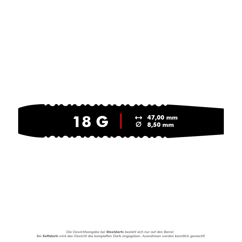 Das Bild zeigt die Maße und das Gewicht der Unicorn Gary Anderson Black Brass Softdarts – 18g. Der Dart wiegt 18 Gramm, ist 47,00 mm lang und hat einen Durchmesser von 8,50 mm.