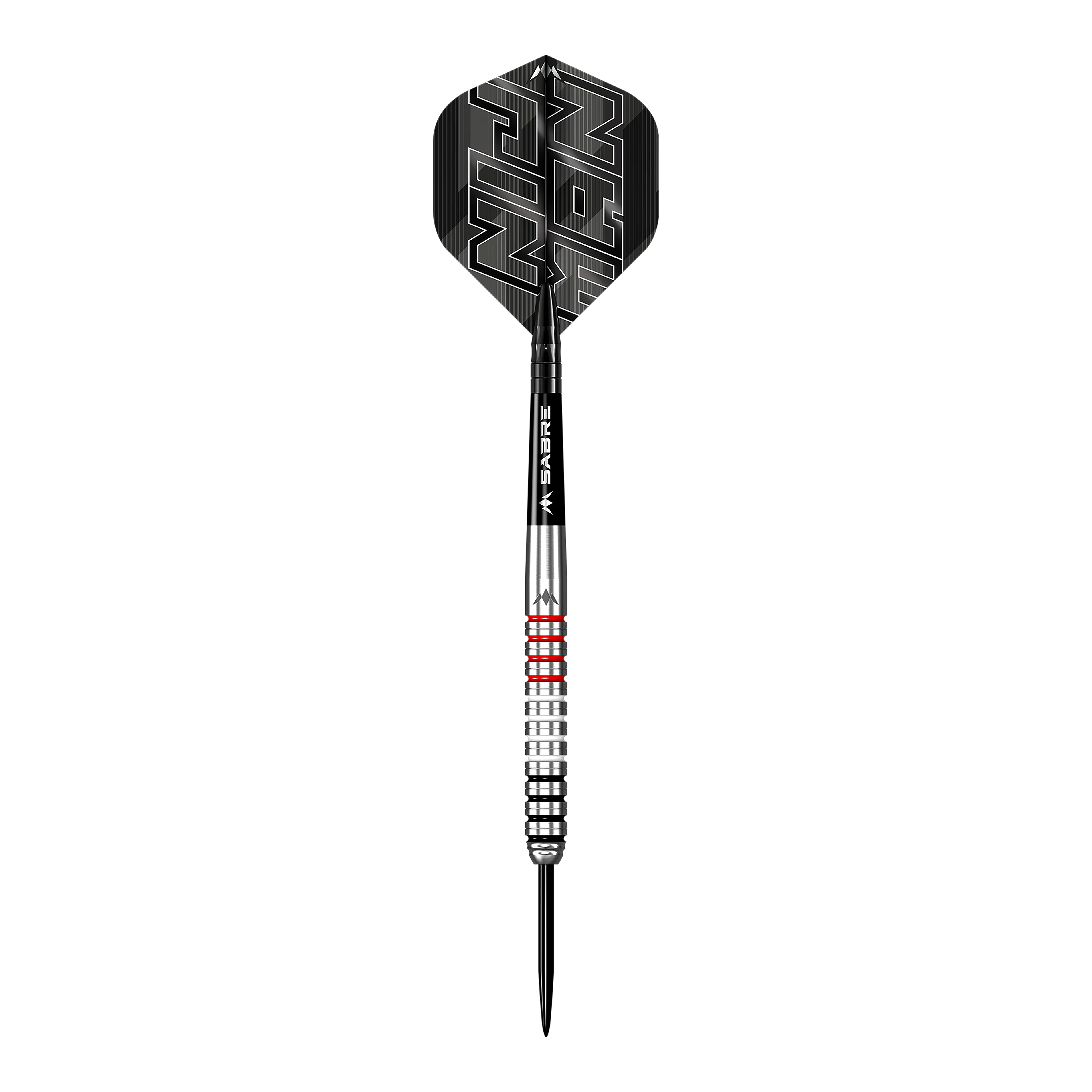 Mission Wessel Nijman steel darts - 23g Das Bild zeigt einen Steeldart namens "Mission Wessel Nijman Steeldarts - 23g". Der Dart ist silberfarben mit roten Ringen und hat einen schwarzen Flight mit dem Namen "Nijman" darauf.