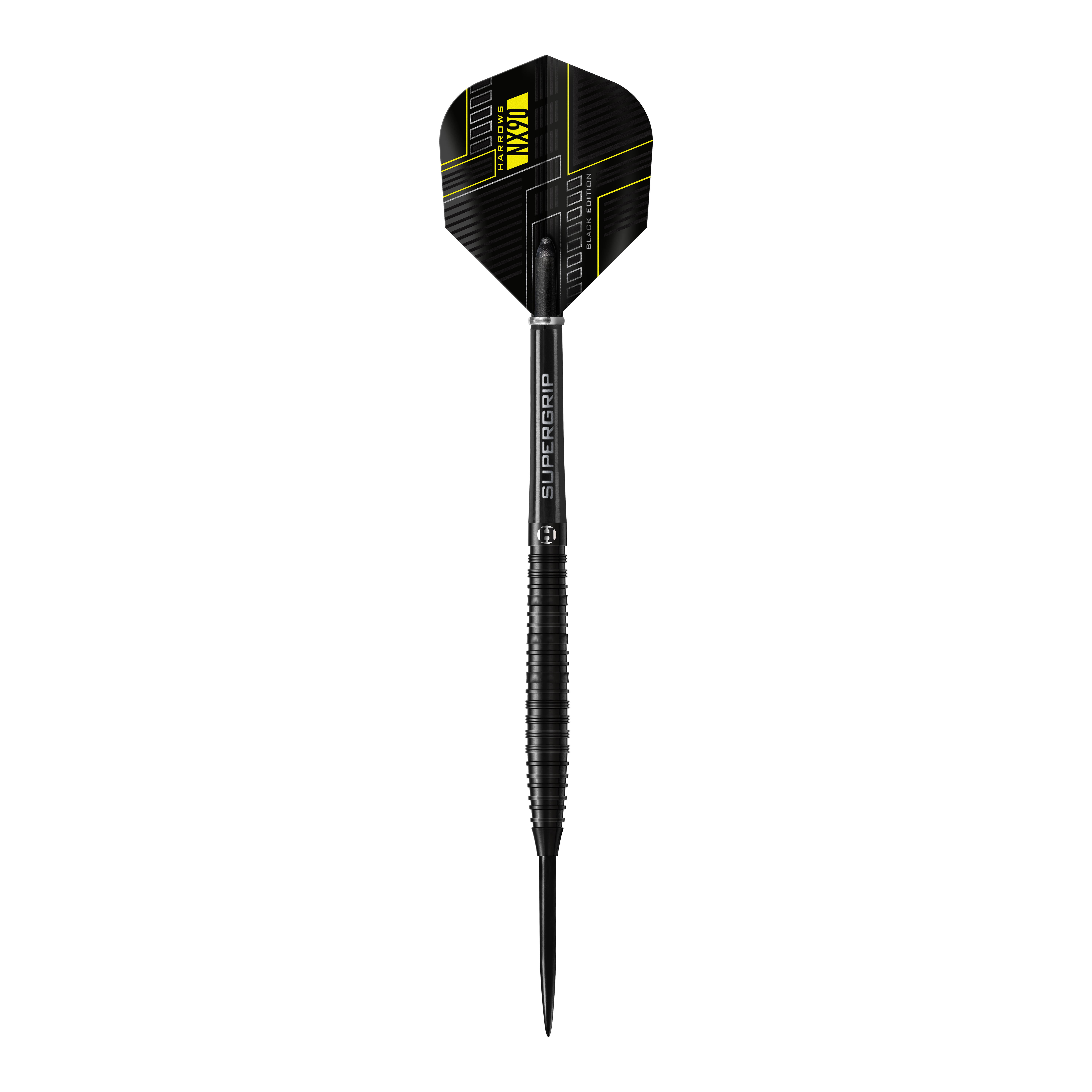 Harrows NX90 Black Edition steel darts Das Bild zeigt einen Harrows NX90 Black-Edition Steeldart. Der Dart ist komplett in Schwarz gehalten und hat gelbe Akzente am Flight.